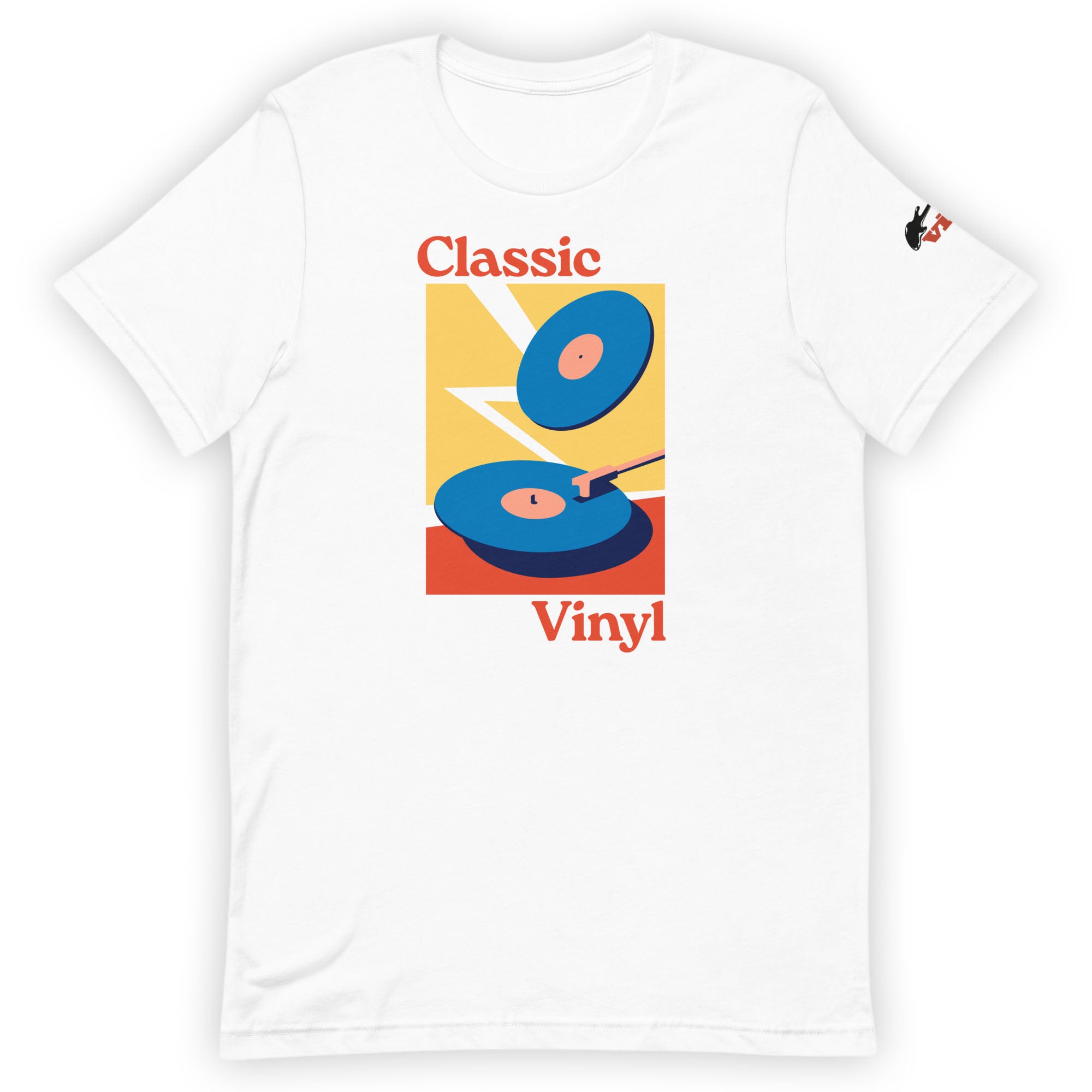 Front view of a white short-sleeve T-shirt displaying a bright rectangular design with two blue vinyl records on a red and yellow background and red text reading 'Classic Vinyl.' A small black guitar logo appears on the left sleeve.