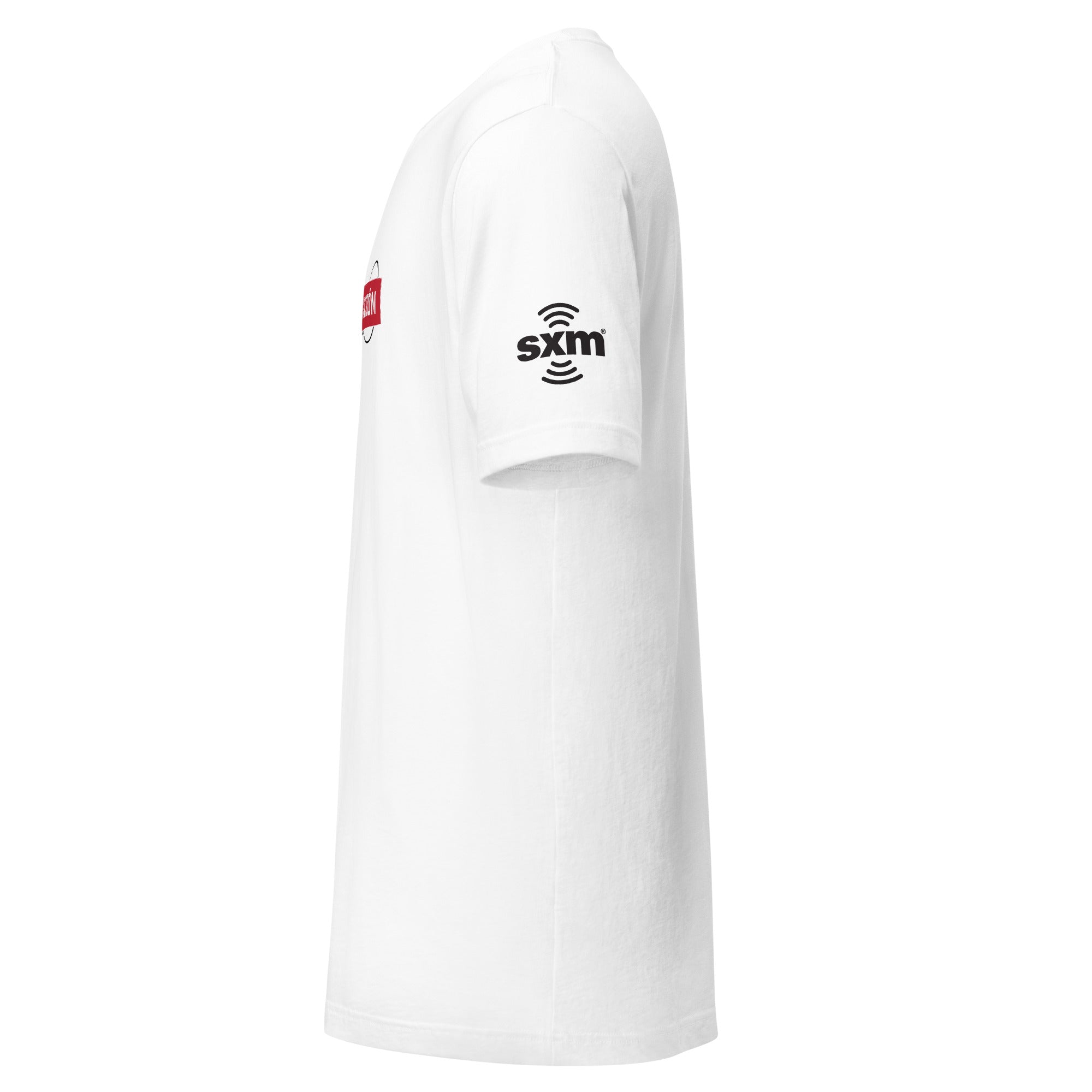 White t-shirt featuring logo on chest and 'sxm' branding on the sleeve.