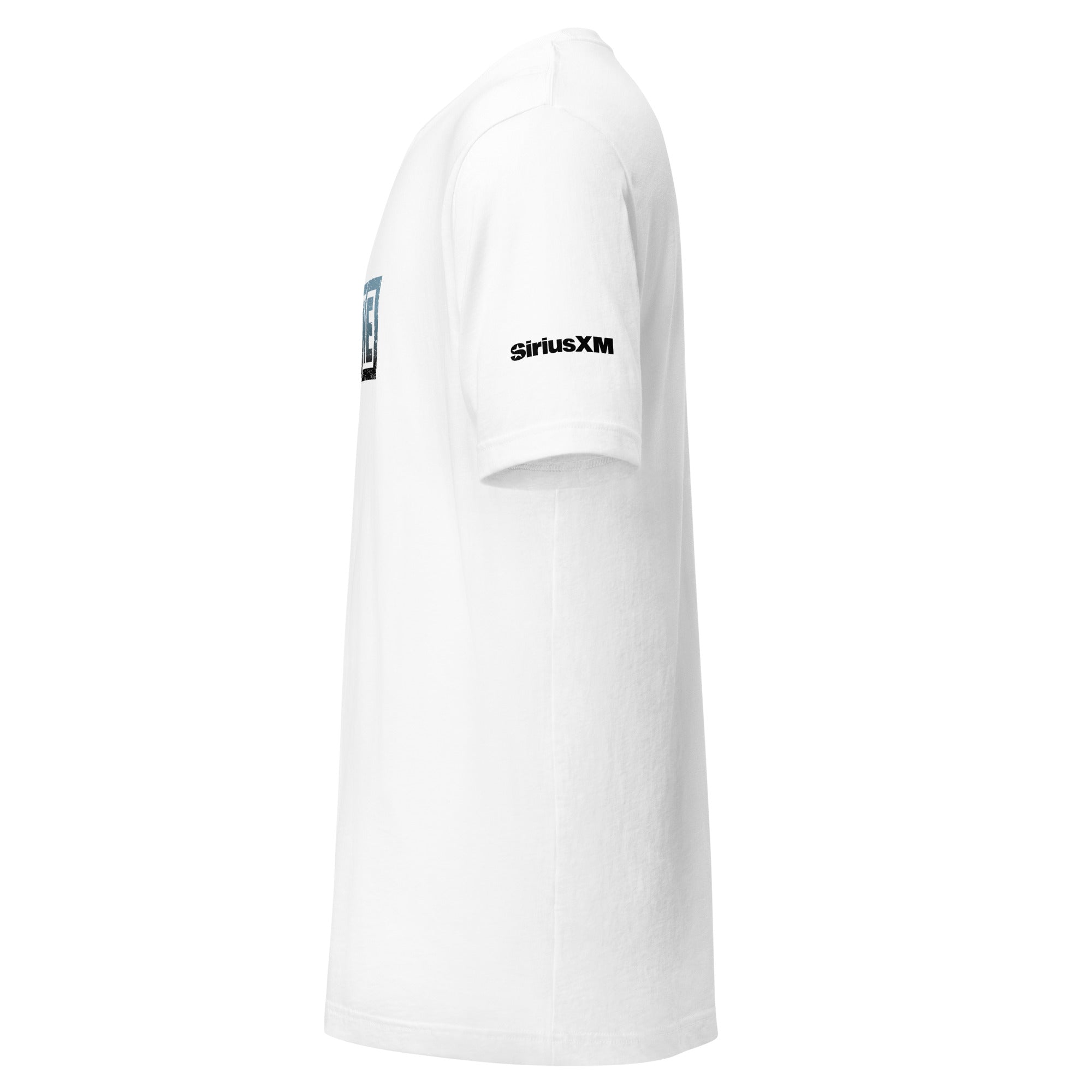 White t-shirt featuring a logo on the front and 'SiriusXM' printed on the sleeve, displayed from a side view.