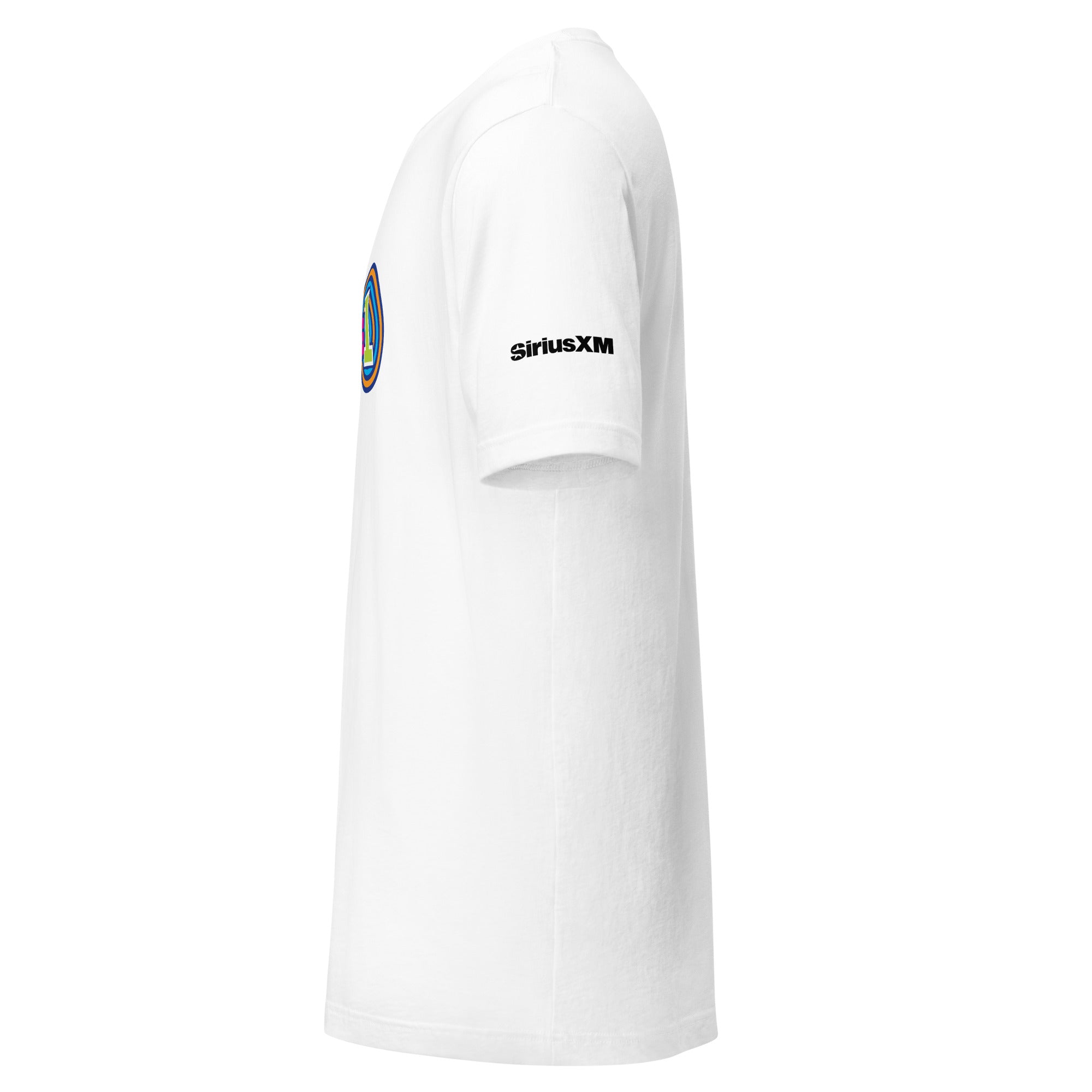 White t-shirt with 'SiriusXM' branding on the sleeve. Side view.