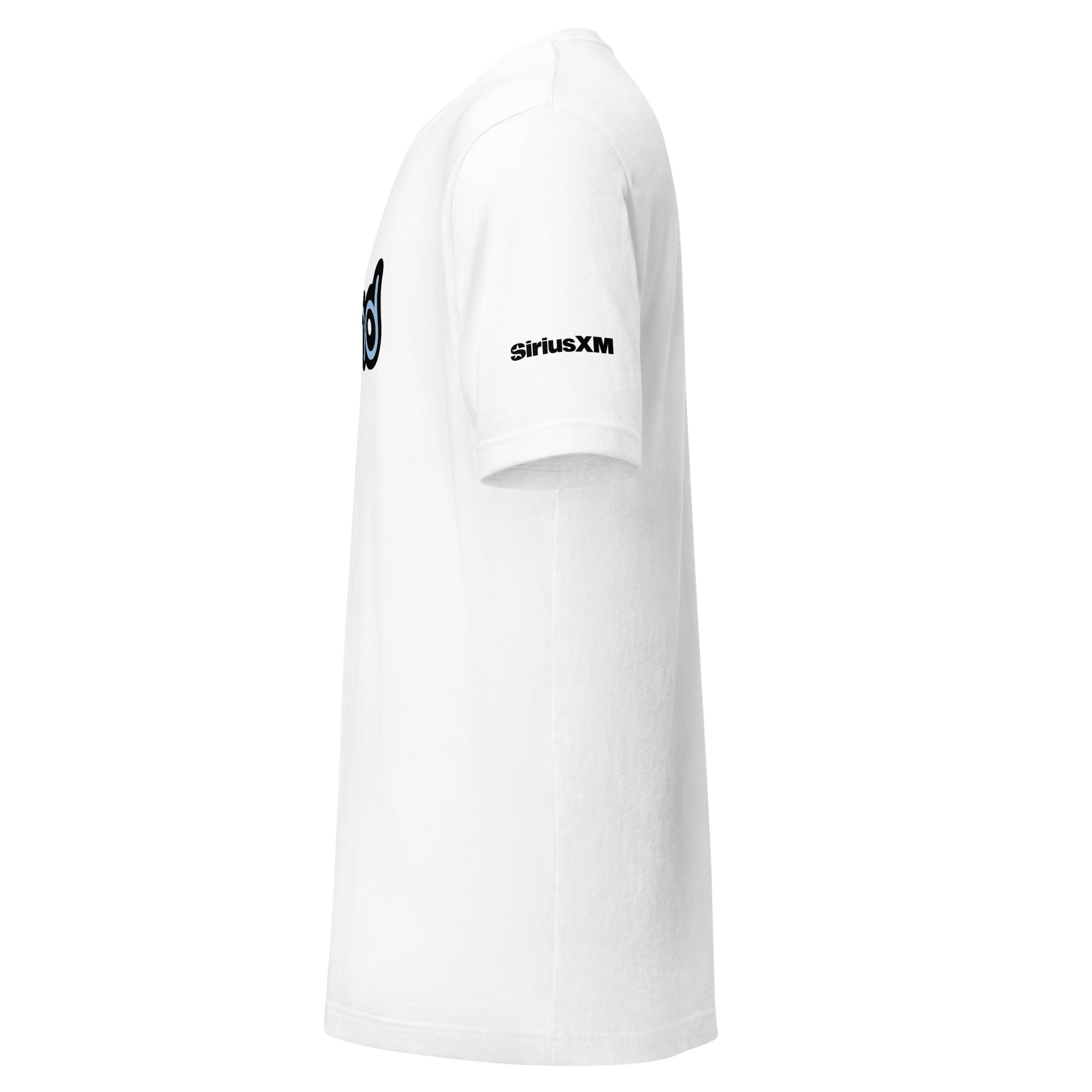 Side view of a white t-shirt featuring the black 'SiriusXM' logo on the sleeve.