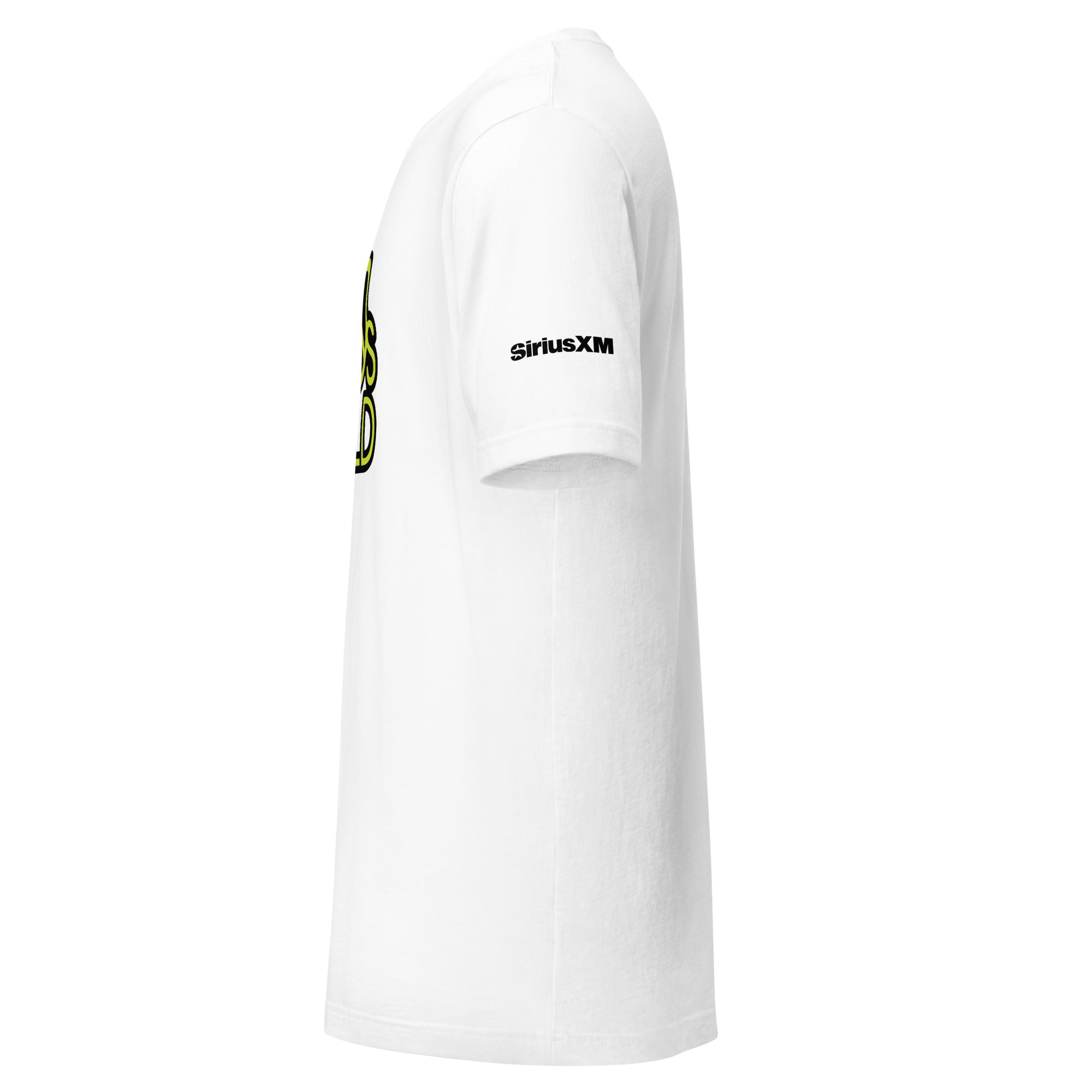 White t-shirt with black 'SiriusXM' branding on the sleeve.