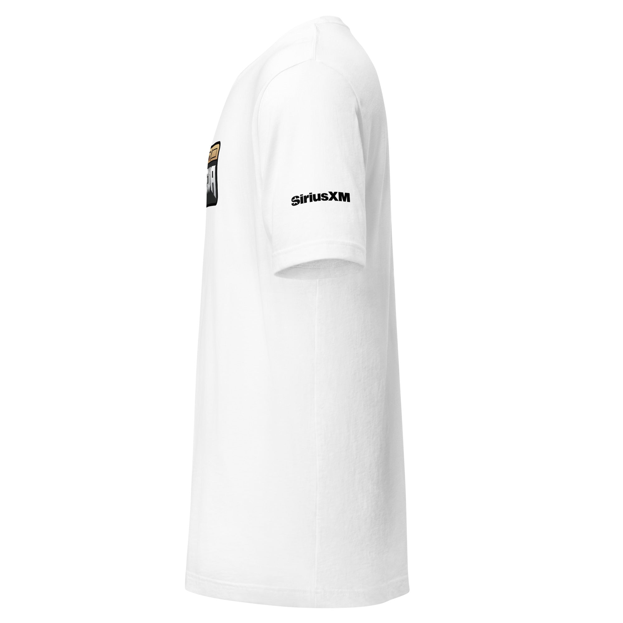 White t-shirt with 'SiriusXM' branding on the sleeve, displayed from the side.
