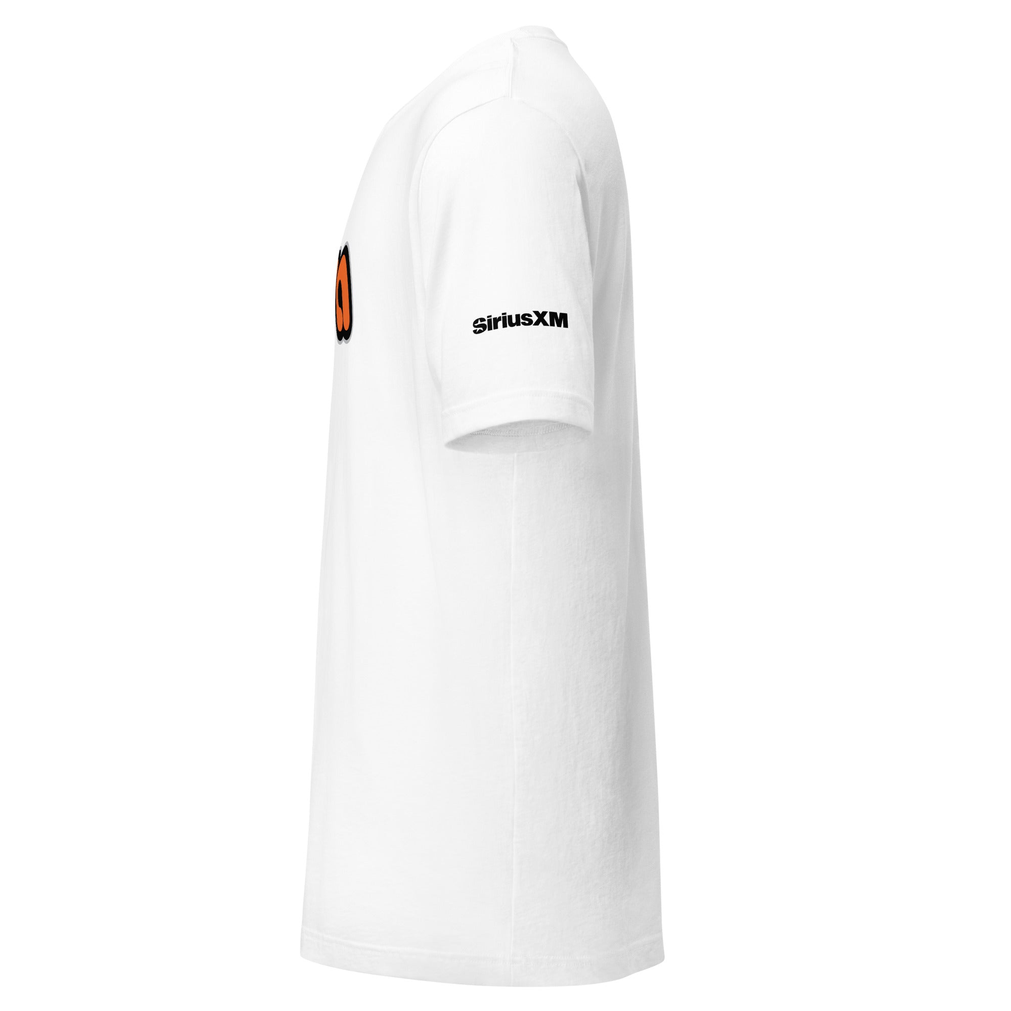 White T-shirt featuring a black 'SiriusXM' logo on the sleeve, shown from the side.