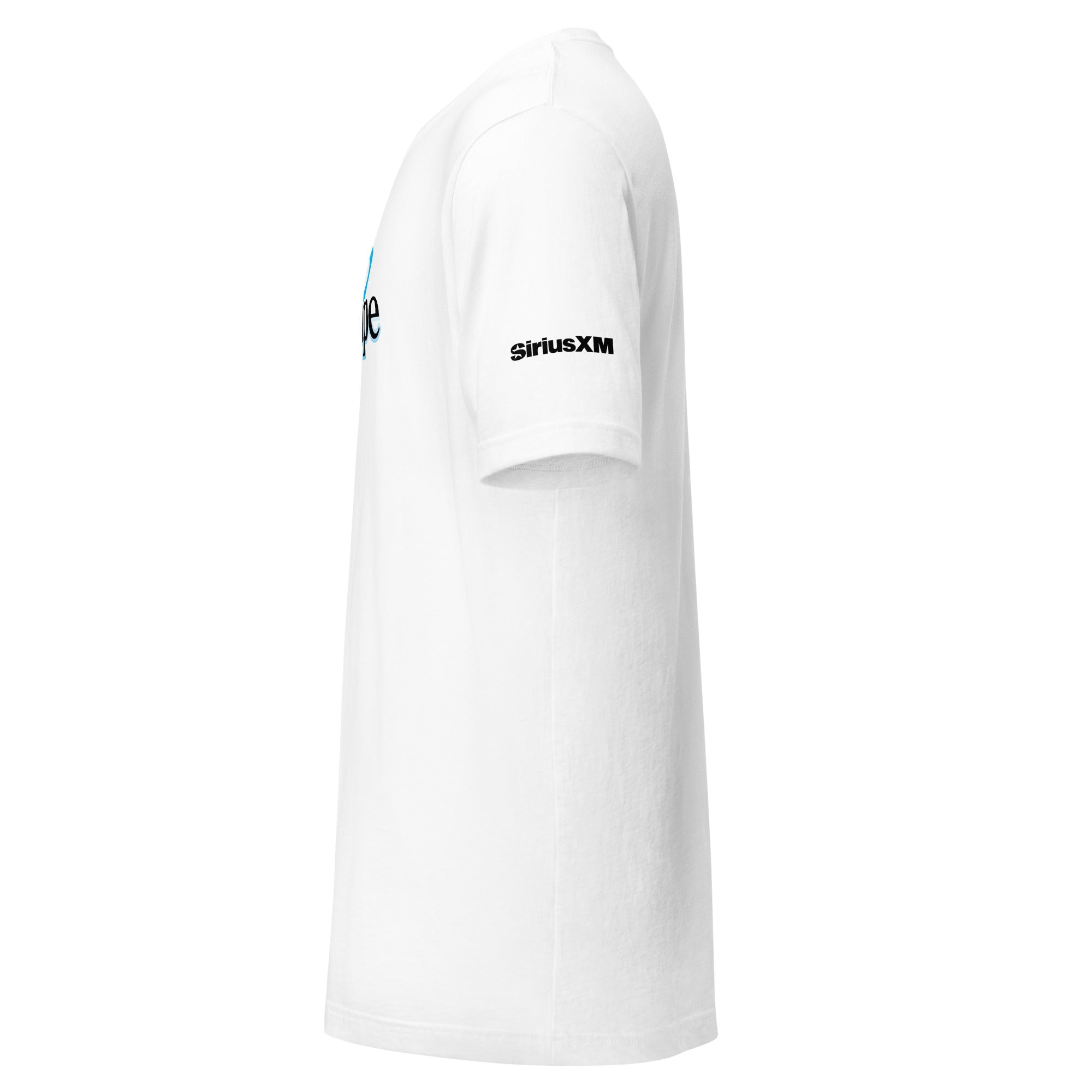 White short-sleeve t-shirt featuring a 'SiriusXM' logo on the sleeve.