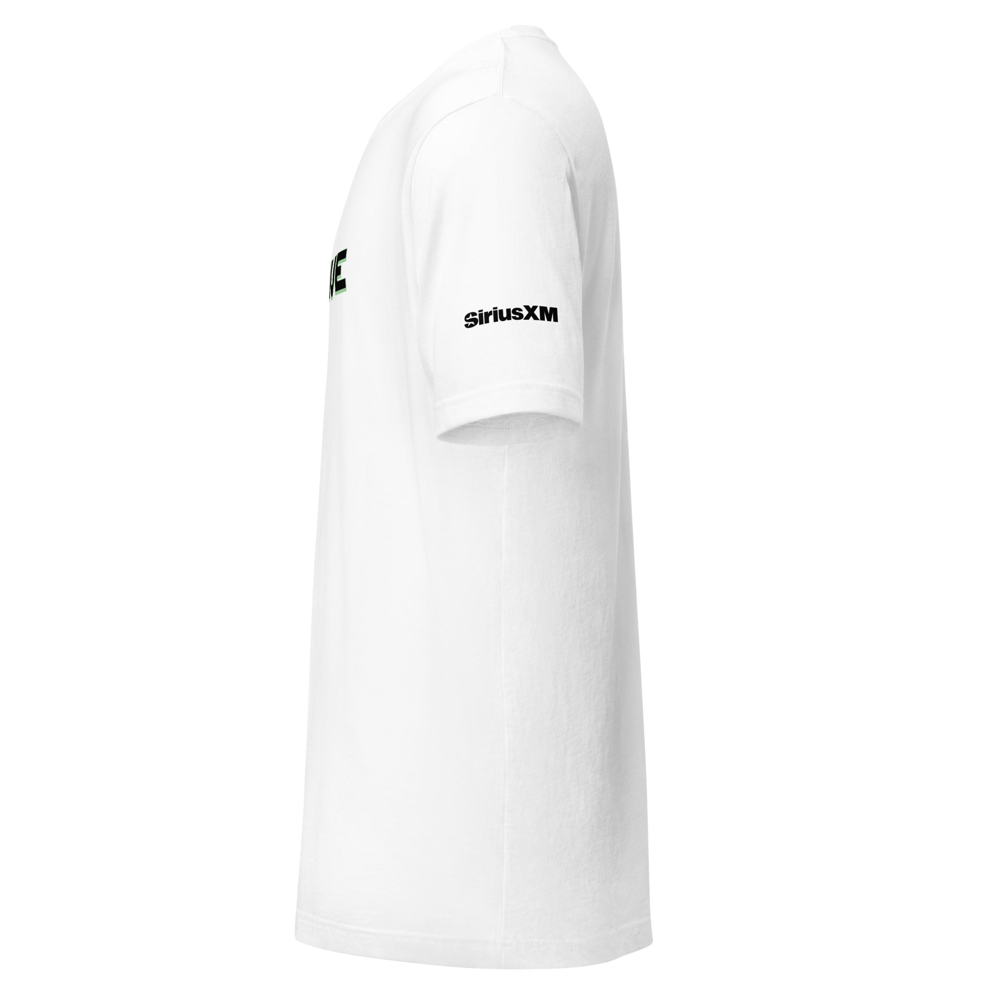 White t-shirt with 'SiriusXM' logo on the sleeve, viewed from the side.