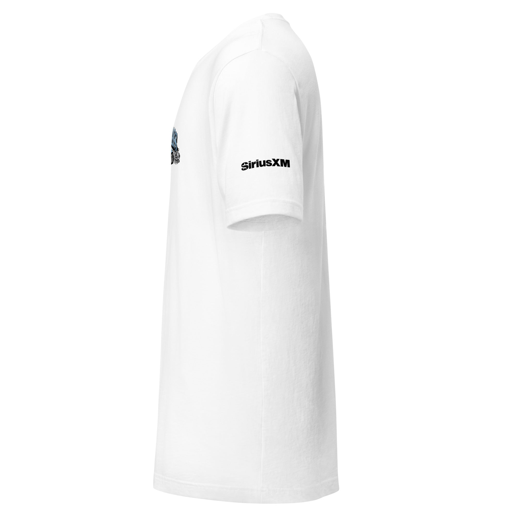 White t-shirt with a black 'SiriusXM' logo on the sleeve.