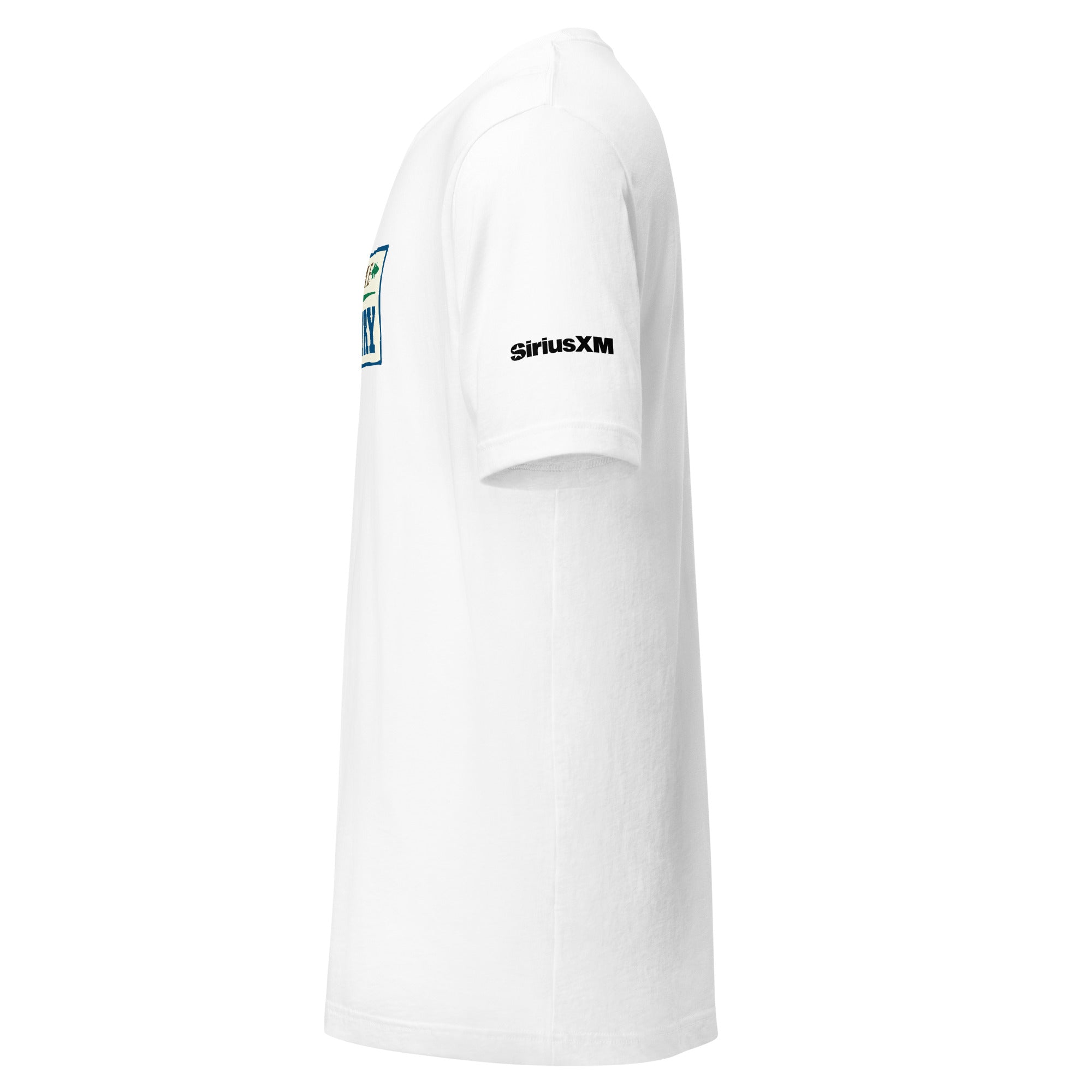 Side view of a white t-shirt featuring a logo on the front and 'SiriusXM' branding on the sleeve.