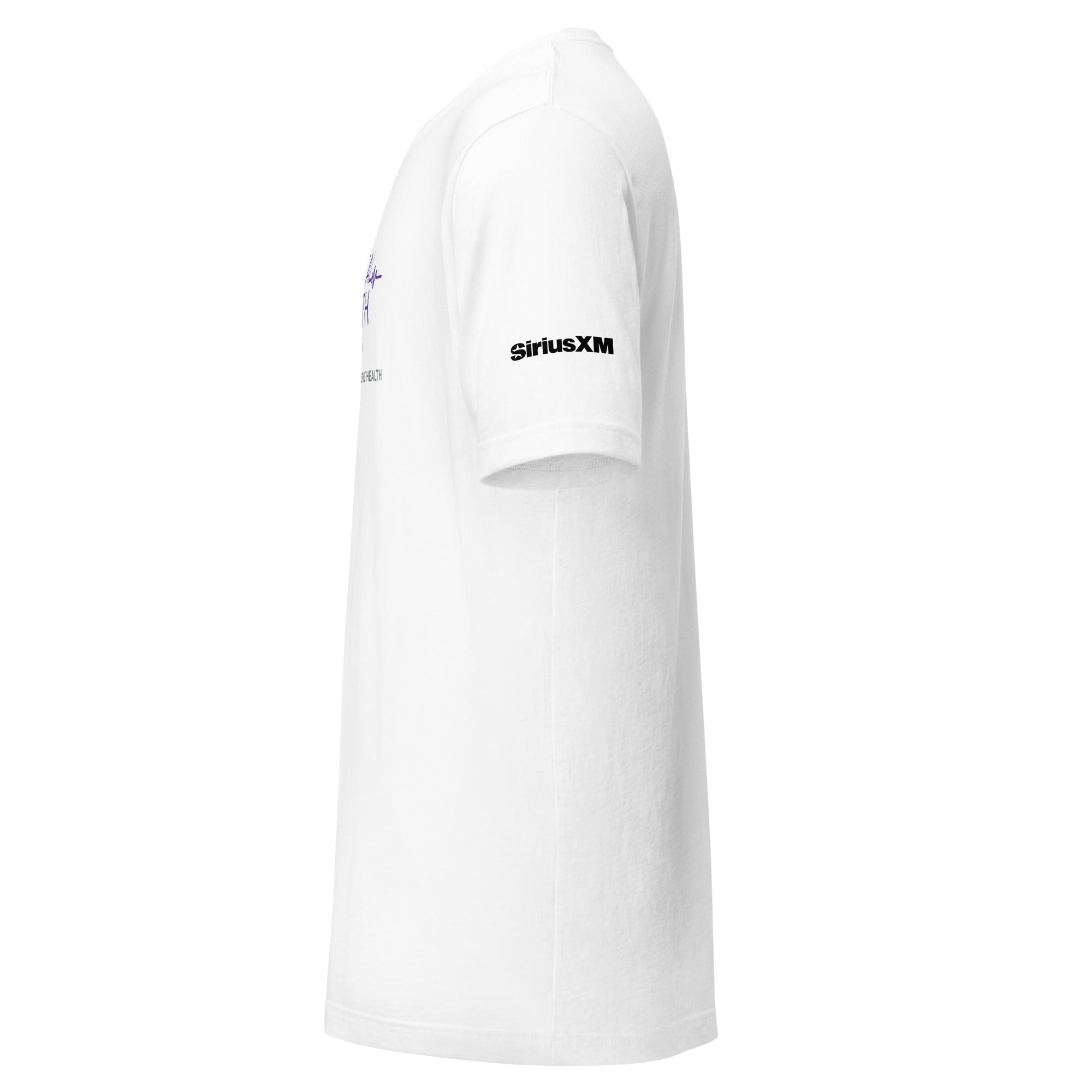 White t-shirt displayed from the side, featuring 'SiriusXM' logo on the sleeve.