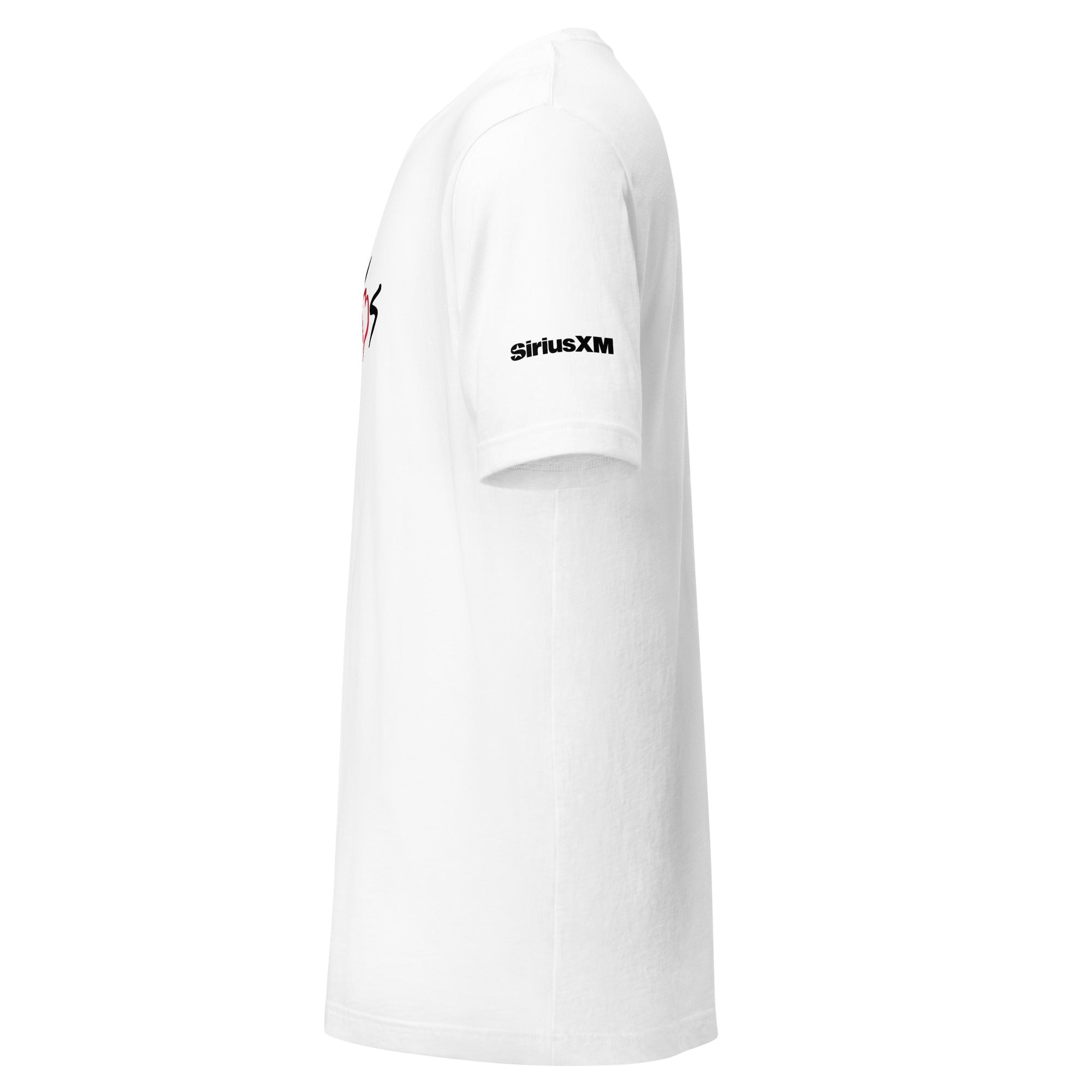 White t-shirt with logo on front and 'SiriusXM' branding on the sleeve.