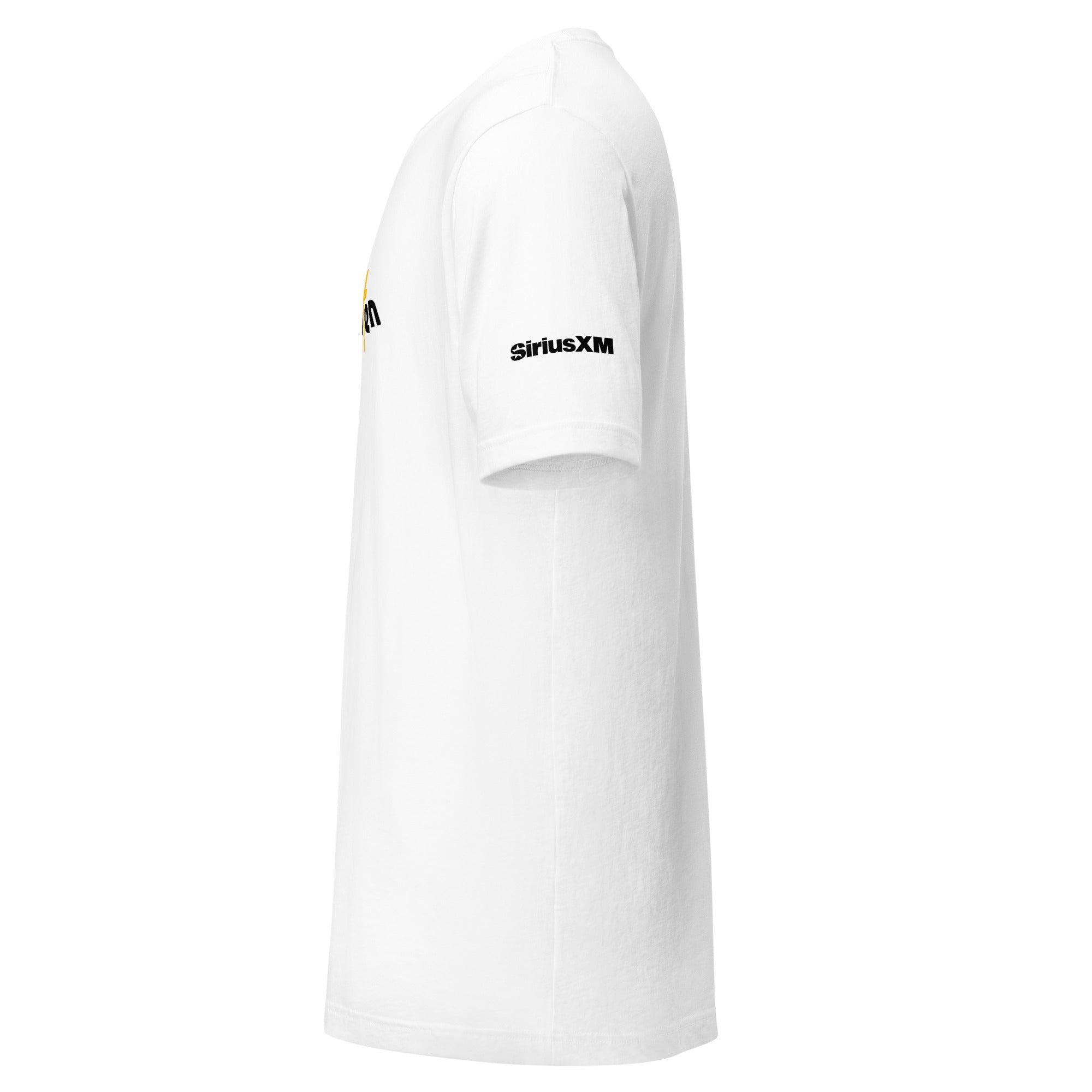 White t-shirt with 'SiriusXM' logo on the chest and sleeve. Side view displaying short sleeves and relaxed fit.
