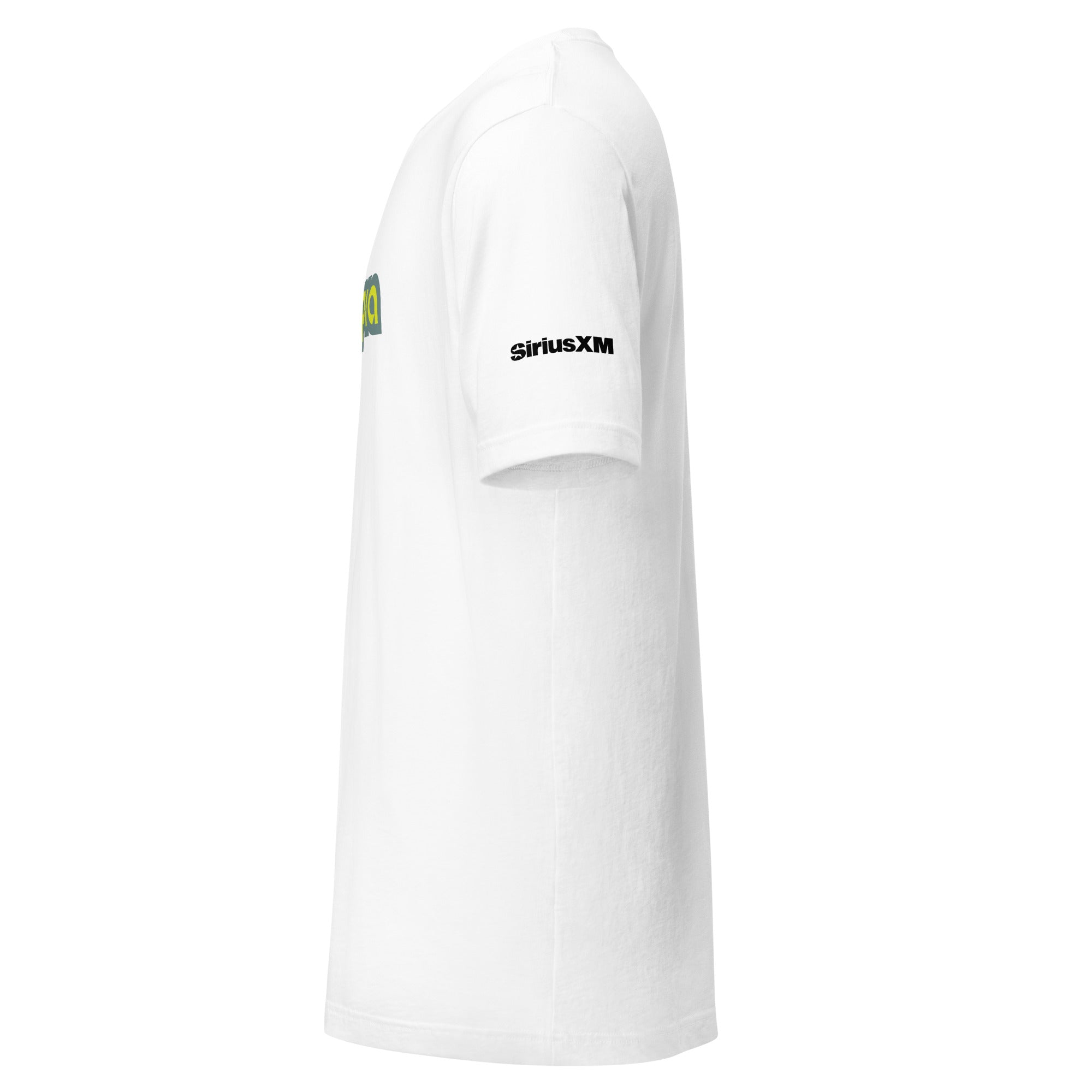 White t-shirt with logo on the front and 'SiriusXM' text on the sleeve.