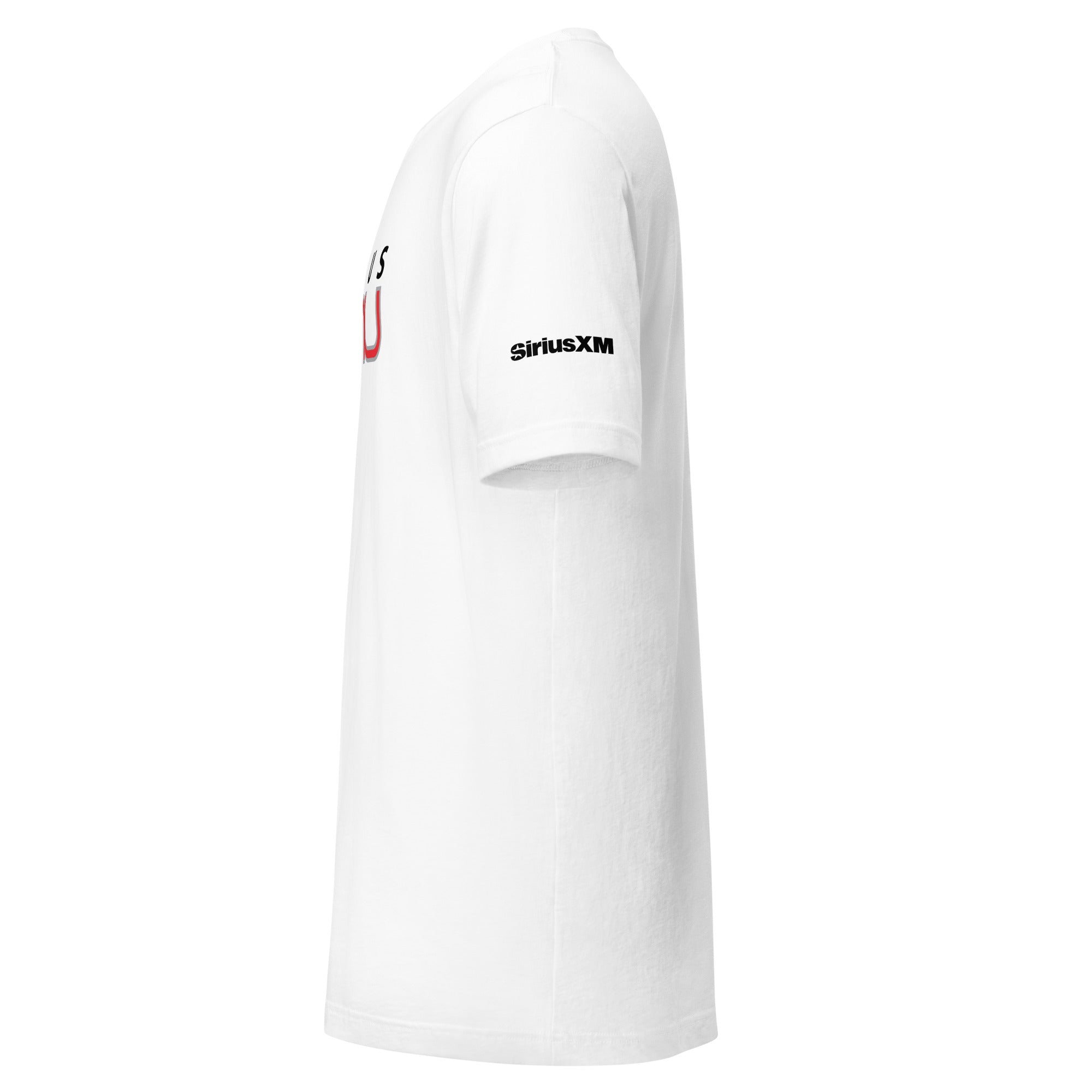 White t-shirt with 'SiriusXMU' printed in red on the front and 'SiriusXM' logo on the sleeve. Side view.