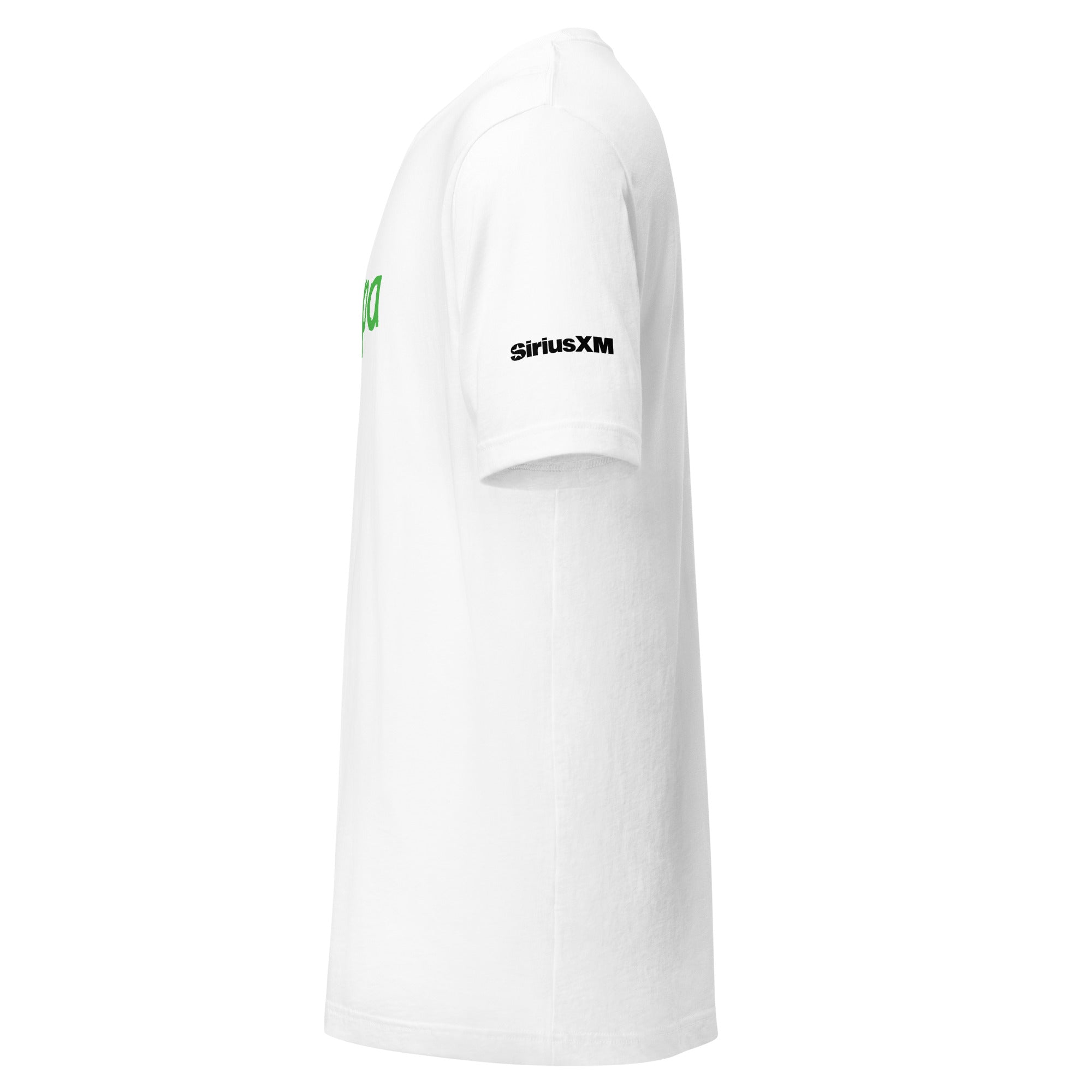 White t-shirt featuring black 'SiriusXM' text on the sleeve. Side view.