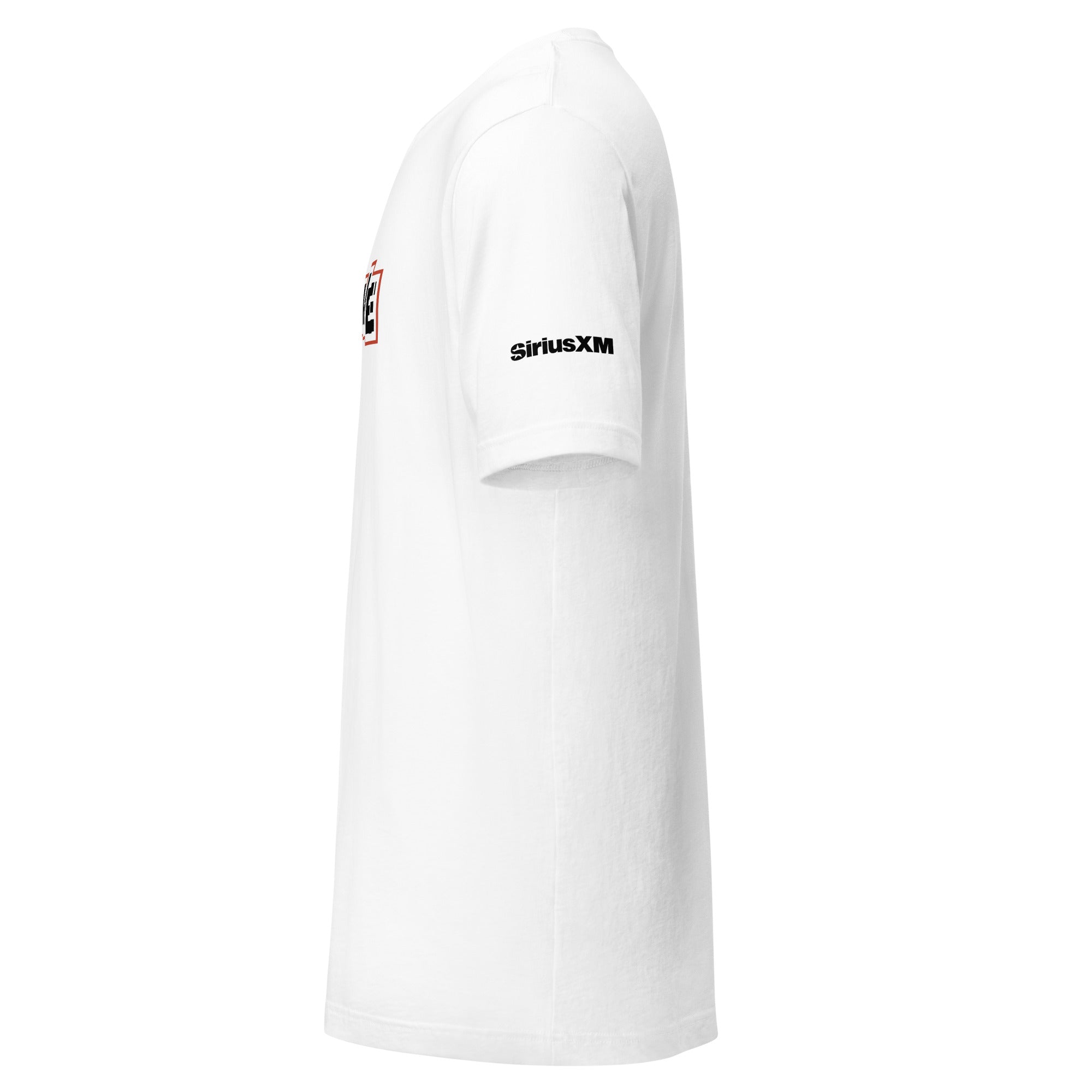 White short-sleeve t-shirt featuring 'SiriusXM' logo on the sleeve and a graphic on the front.