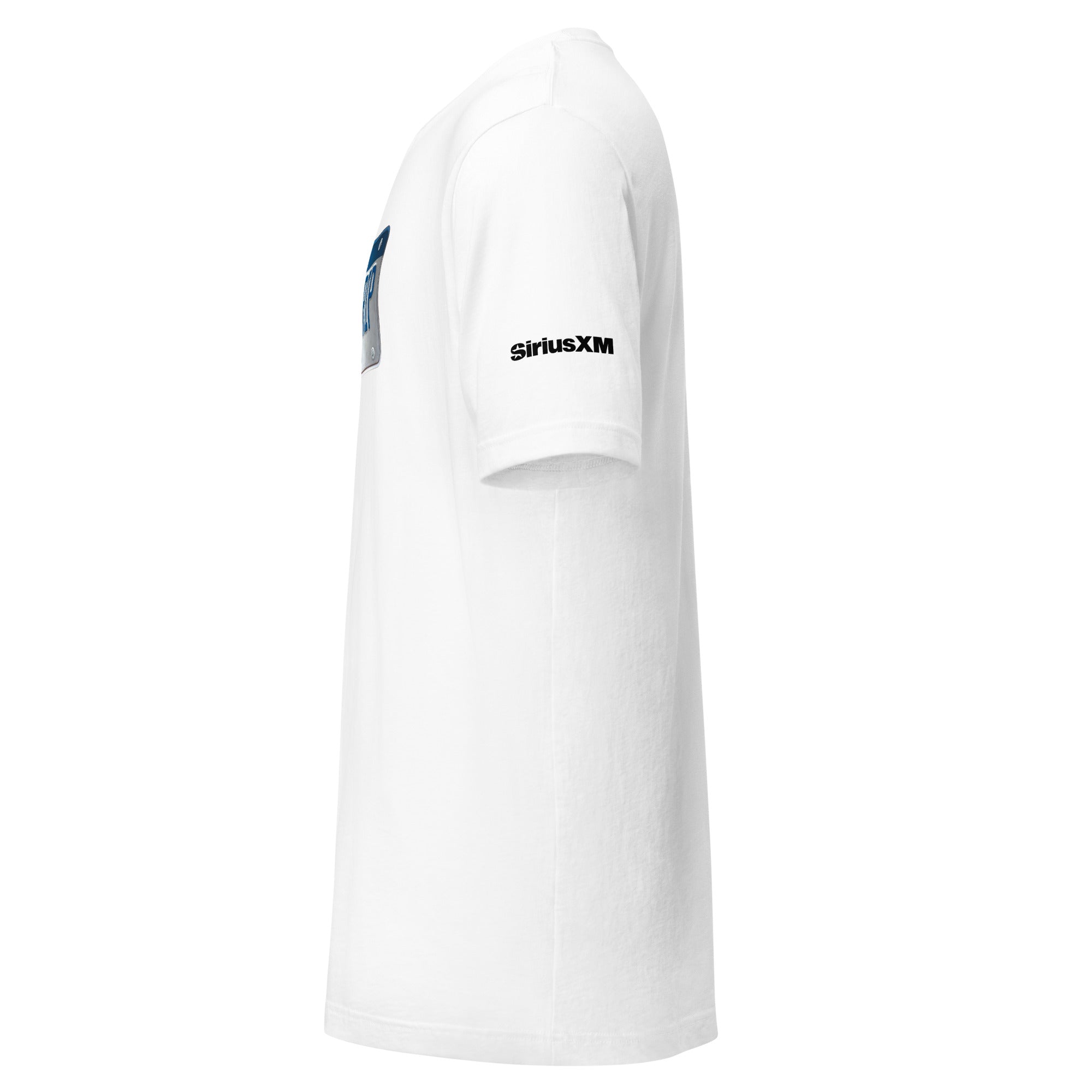 White short-sleeve t-shirt featuring a logo and 'SiriusXM' on the sleeve.
