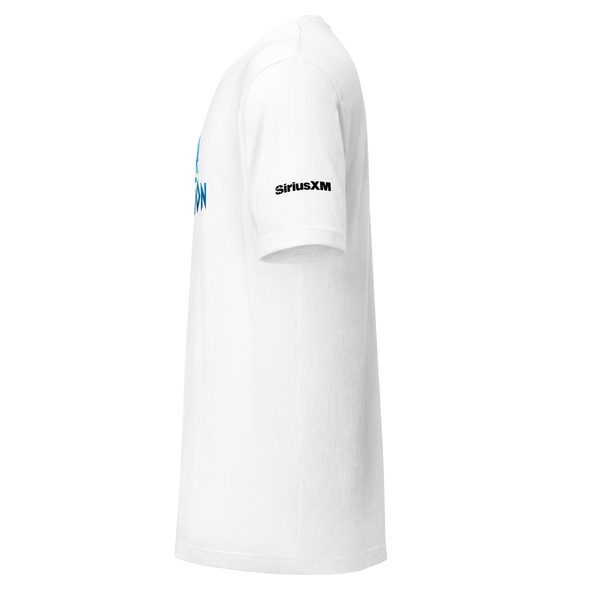 White t-shirt featuring the 'SiriusXM' logo on the sleeve, shown from the side.
