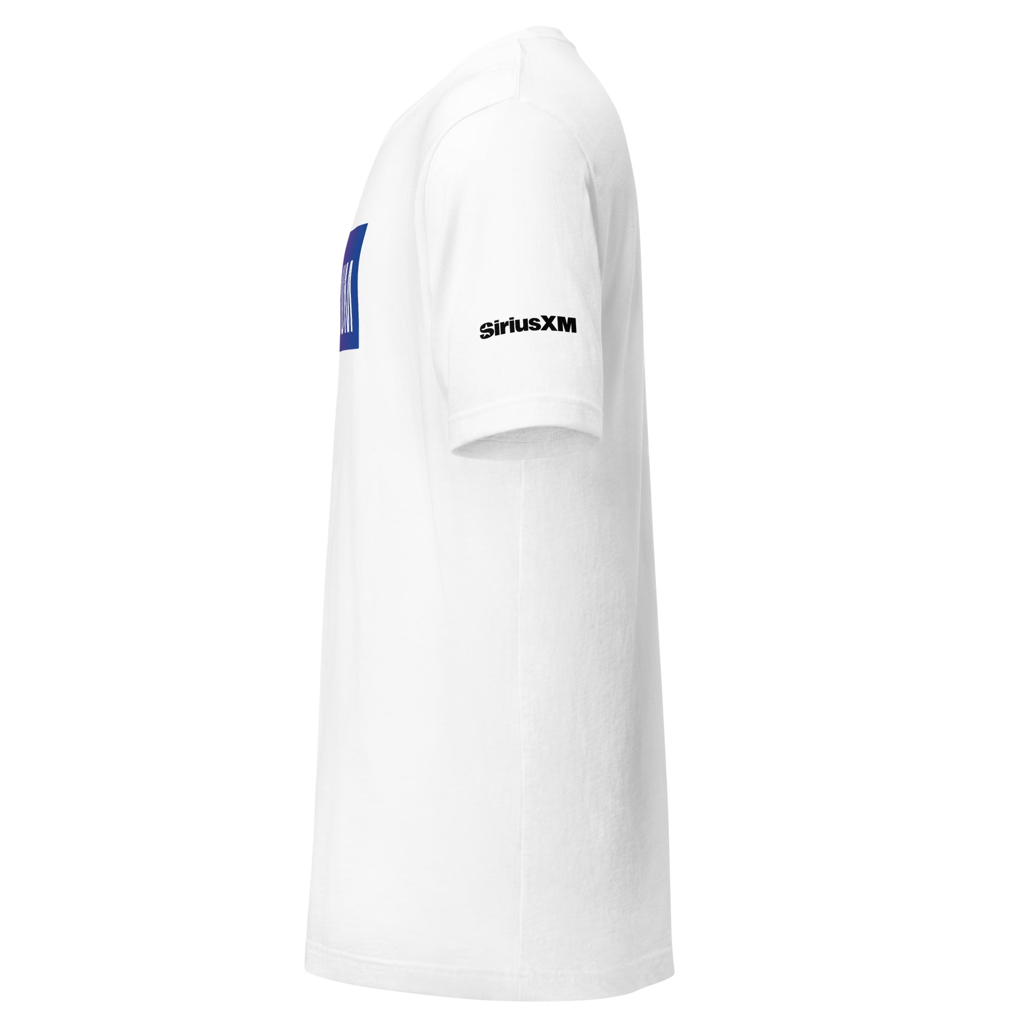 Side view of a white t-shirt “SiriusXM” on the sleeve.