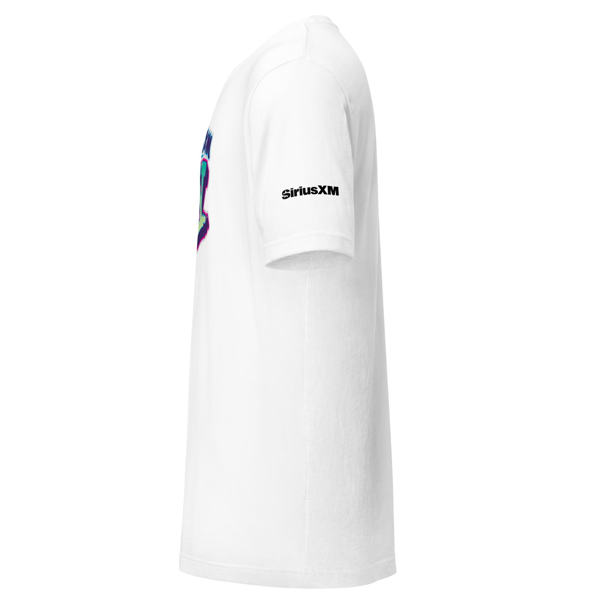 White t-shirt with 'SiriusXM' logo on the sleeve, view from the side.