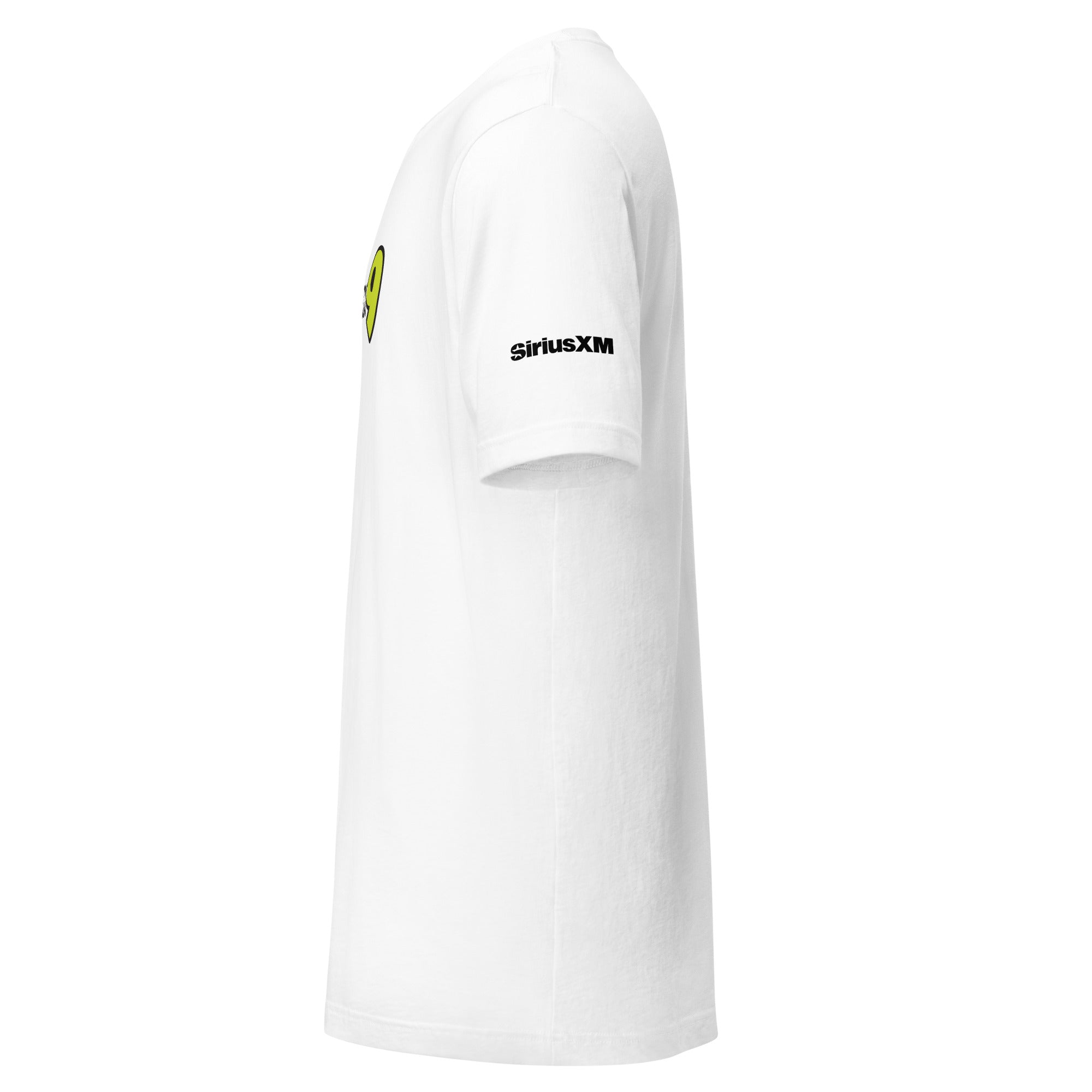 White t-shirt with 'SiriusXM' branding on the sleeve. Side view.