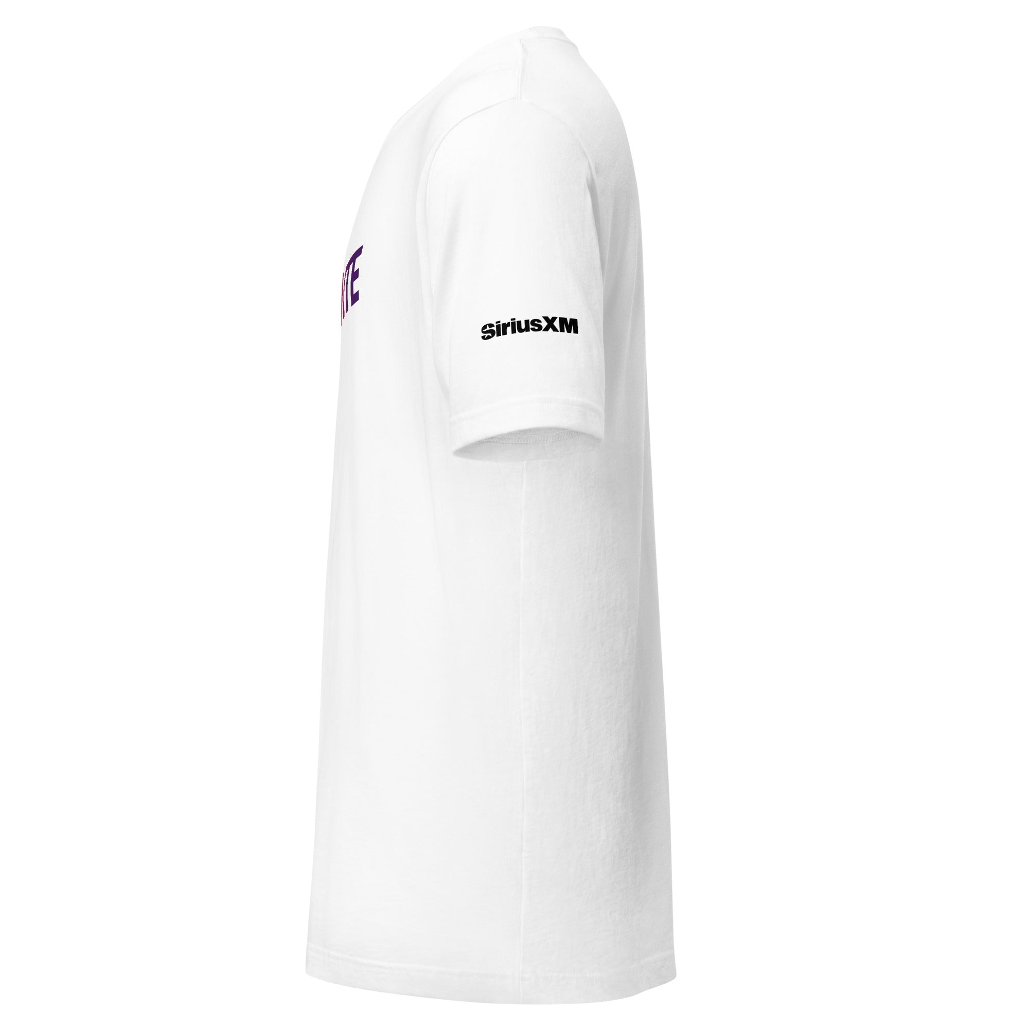 Side view of a white short-sleeve t-shirt featuring 'SiriusXM' logo on the sleeve.