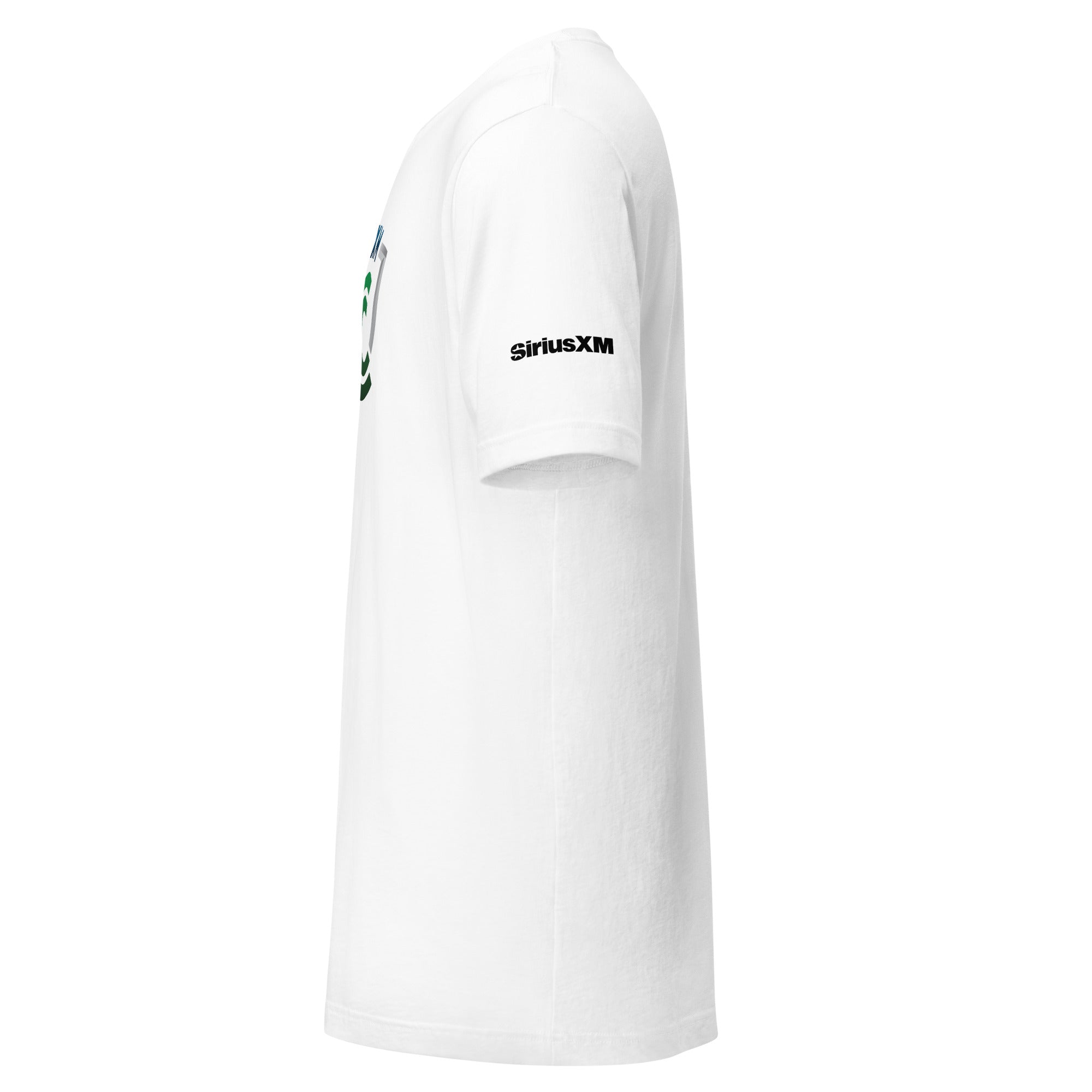 White short-sleeve t-shirt a black 'SiriusXM' logo on the sleeve.