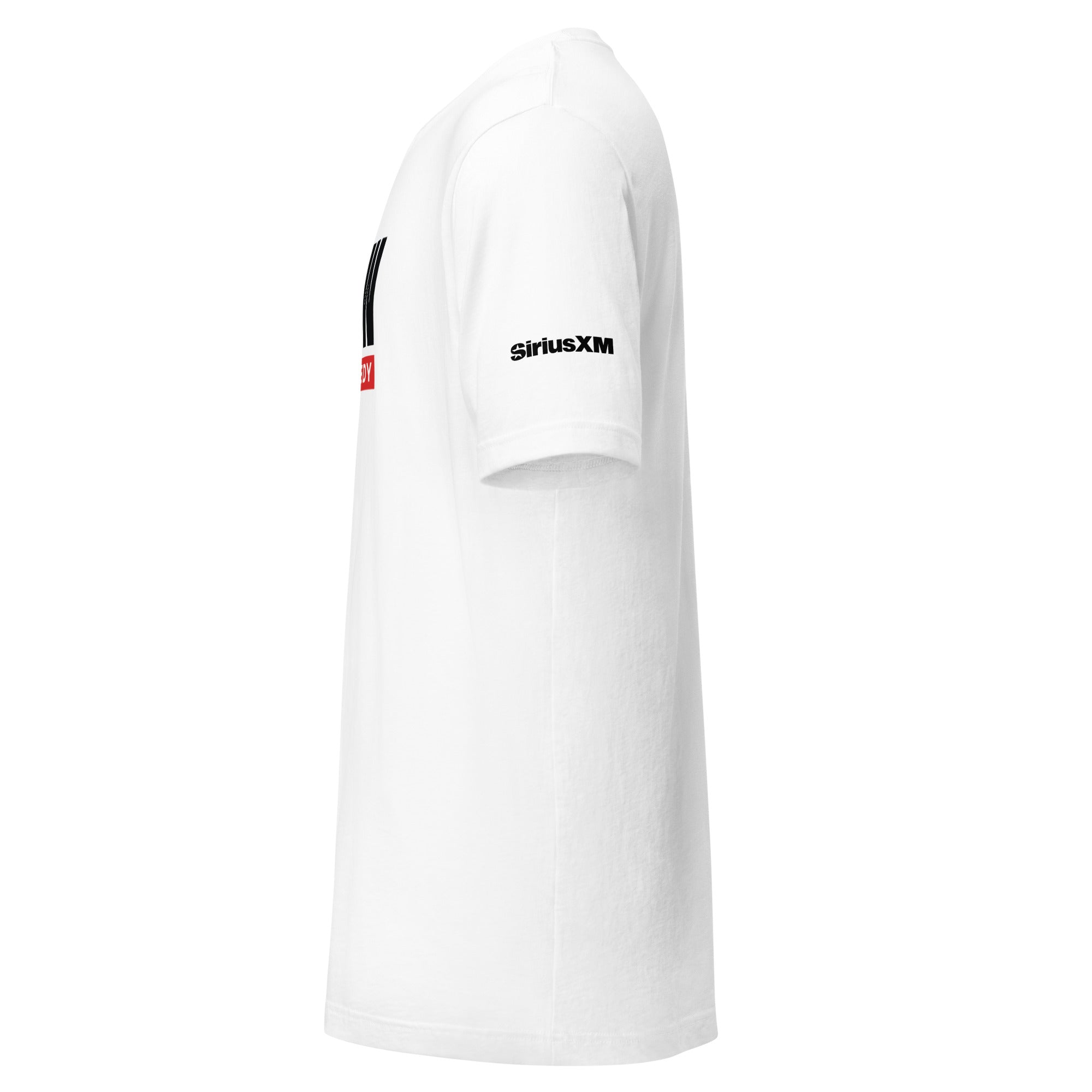 White short-sleeve t-shirt featuring a 'SiriusXM' logo on the sleeve. Side view.