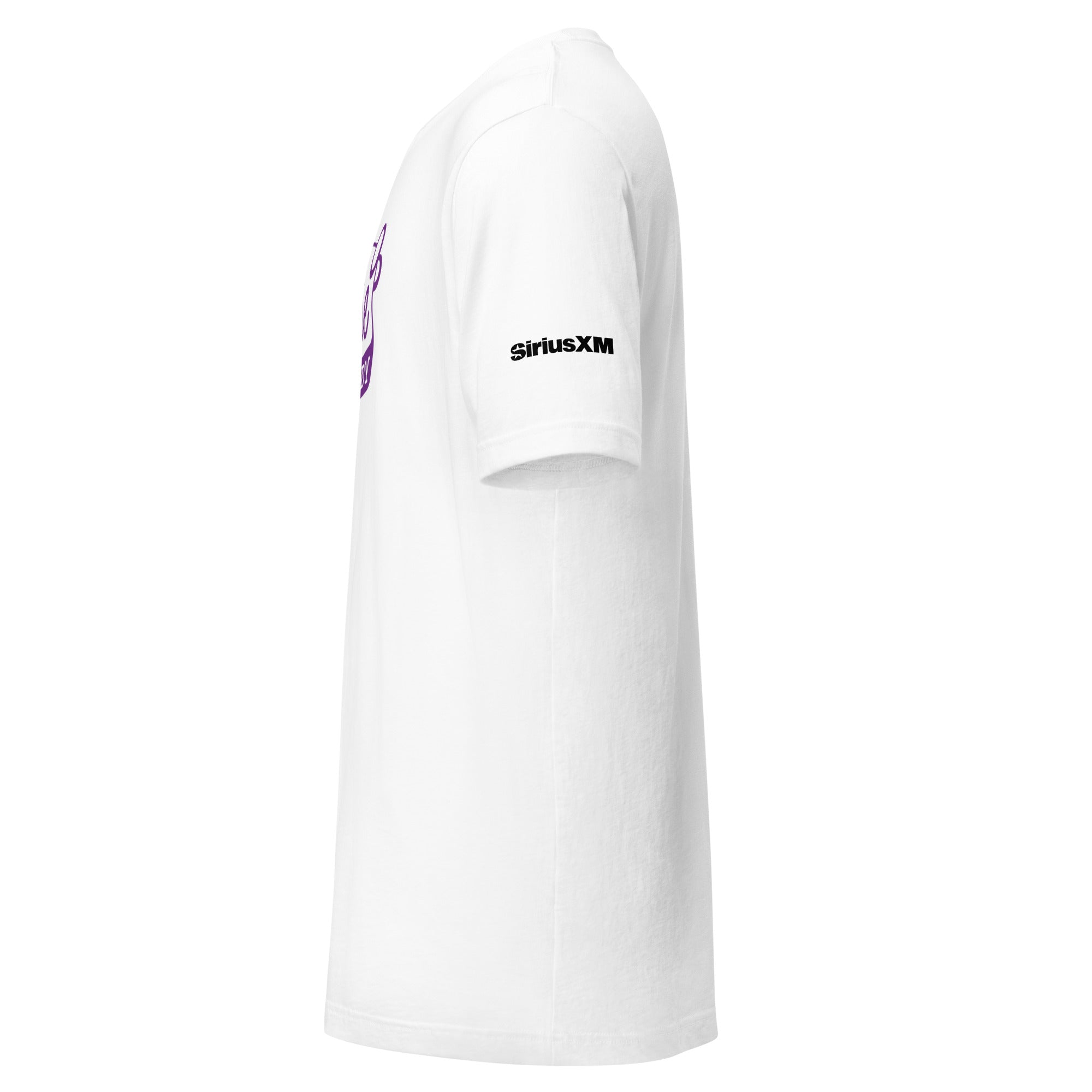 White short-sleeve t-shirt featuring a 'SiriusXM' logo on the sleeve. Side view.