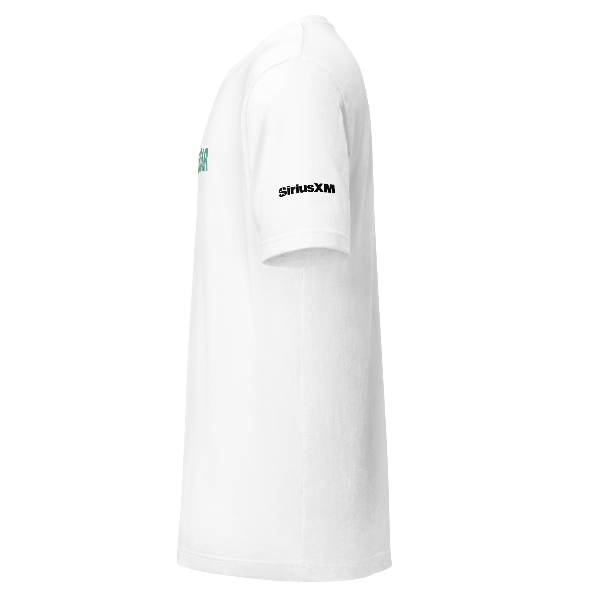 White short-sleeve t-shirt featuring a 'SiriusXM' logo on the sleeve. Side view.