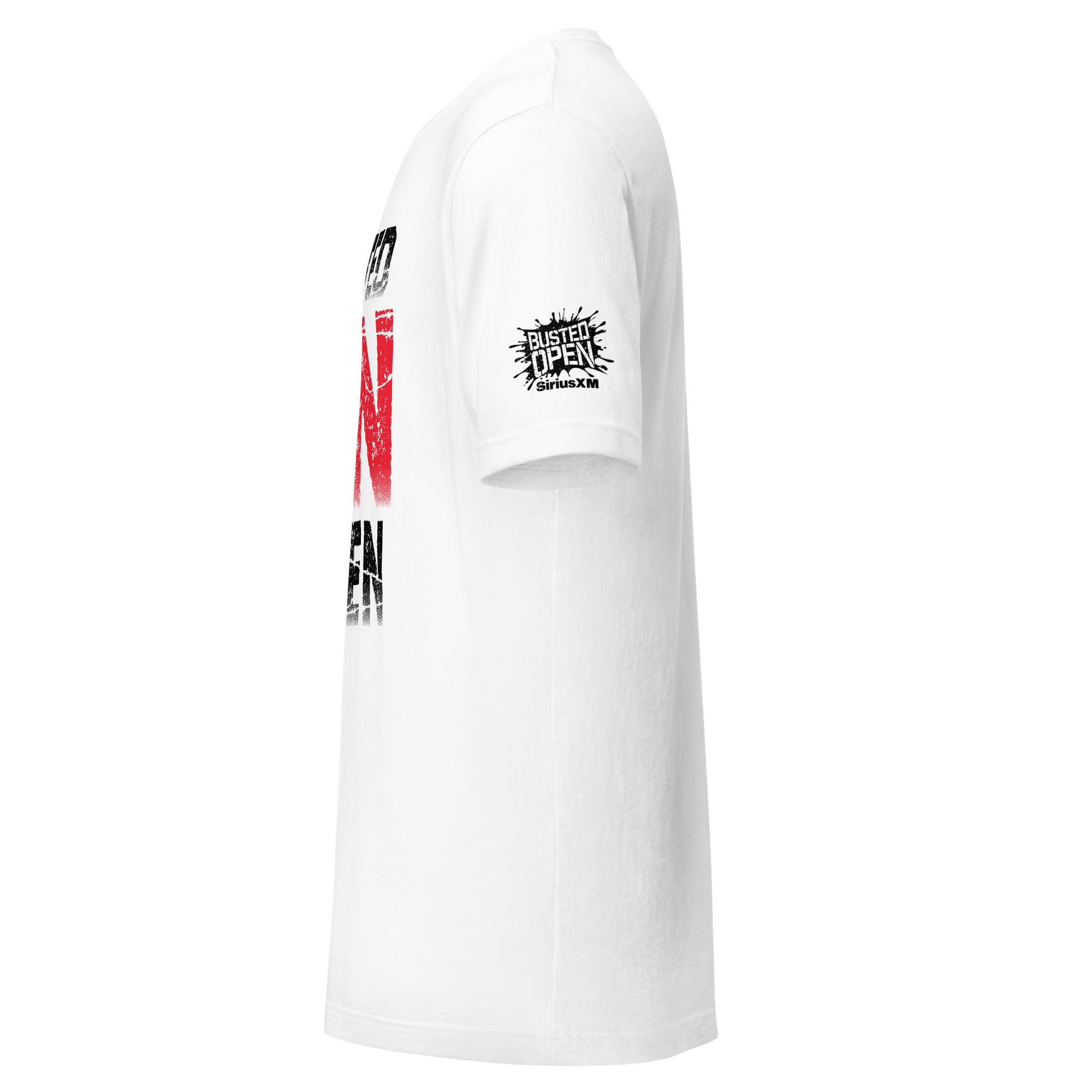 White t-shirt with 'Busted Open' graphic logo on the sleeve.