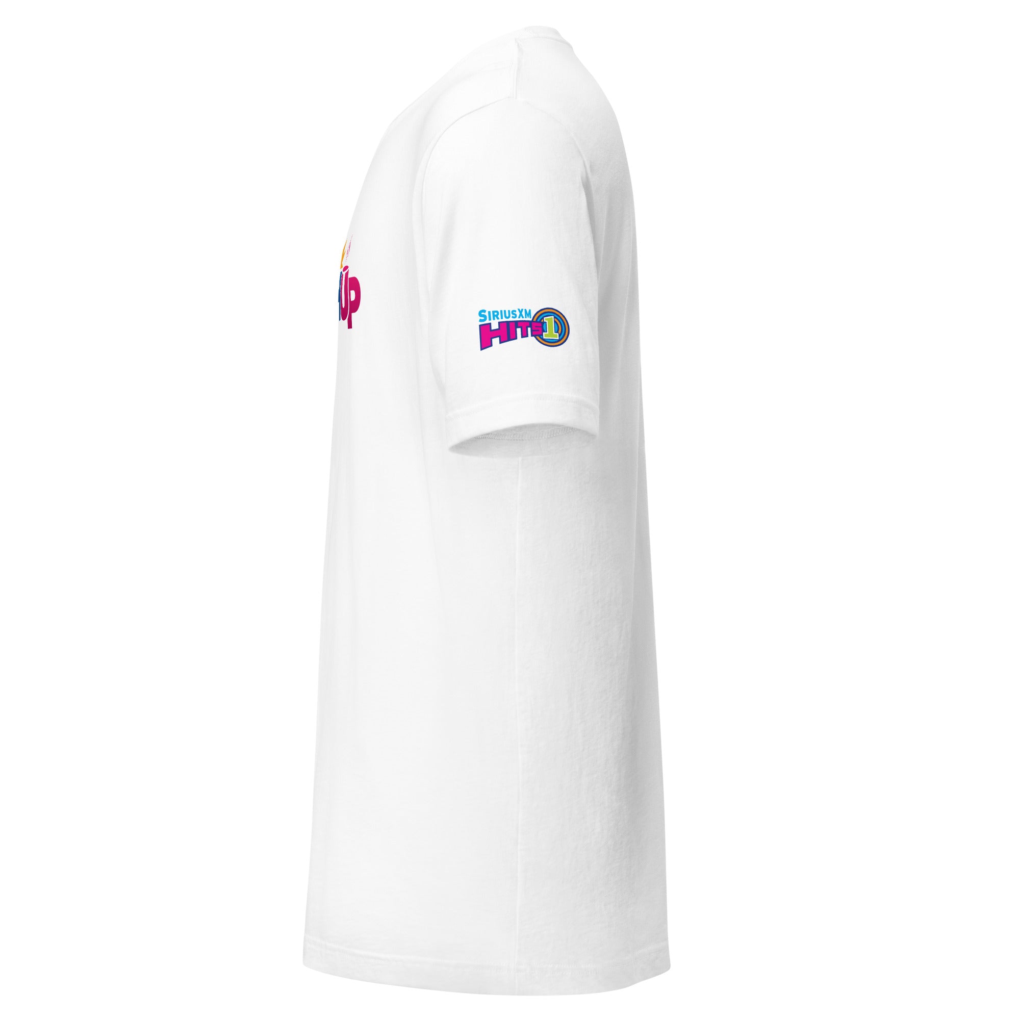 White t-shirt with SiriusXM 'Hits 1' logo on the sleeve. Side view.