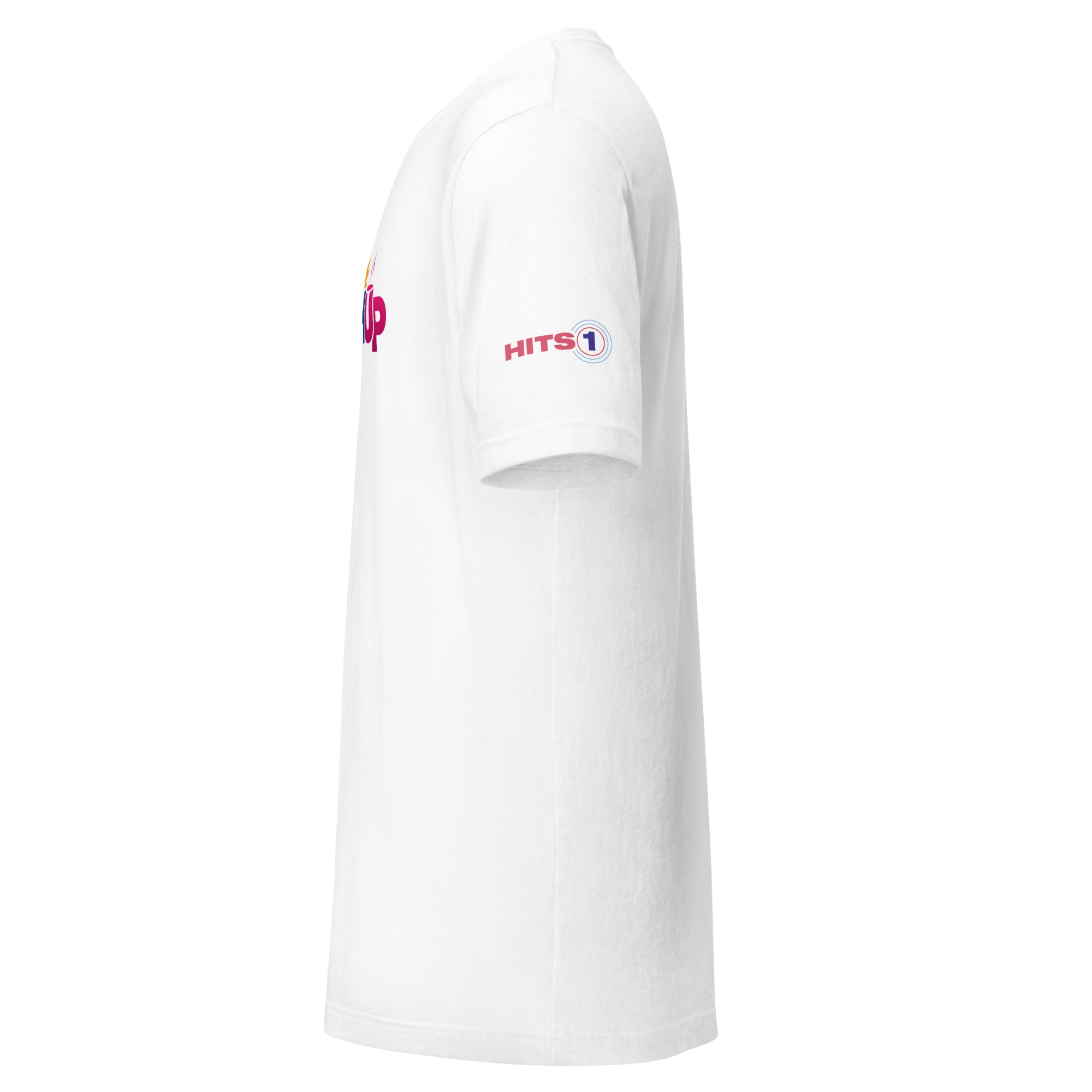White t-shirt with 'HITS 1' logo on  sleeve on a white background