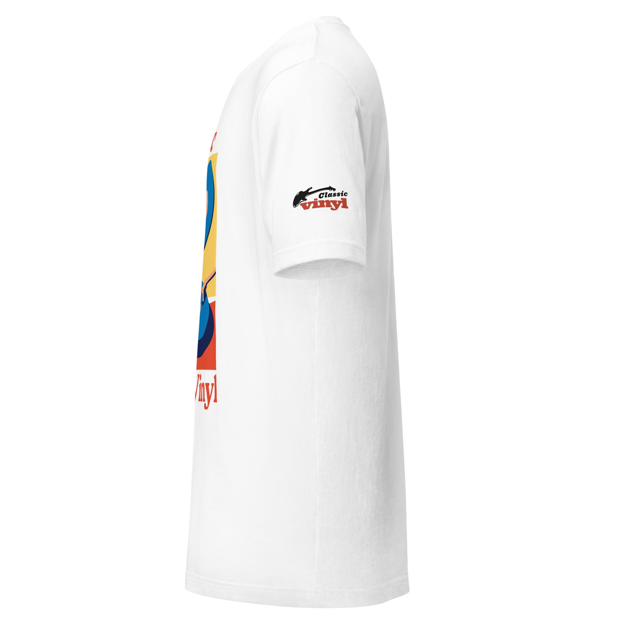 Left side view of a white short-sleeve T-shirt showing the sleeve detail with the black guitar silhouette and red 'vinyl' logo. The front design featuring two blue records on a red and yellow background is partially visible.