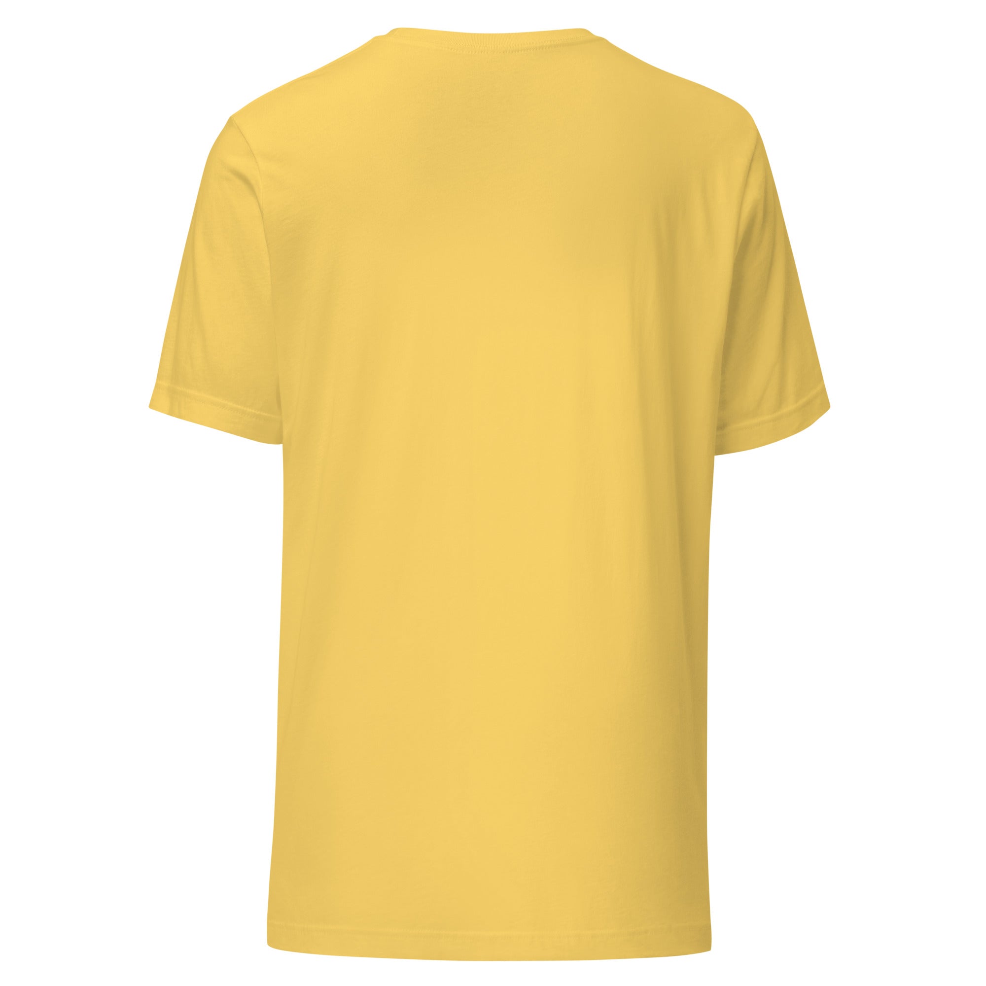 A plain yellow unisex T-shirt viewed from the back, with a smooth surface and short sleeves.