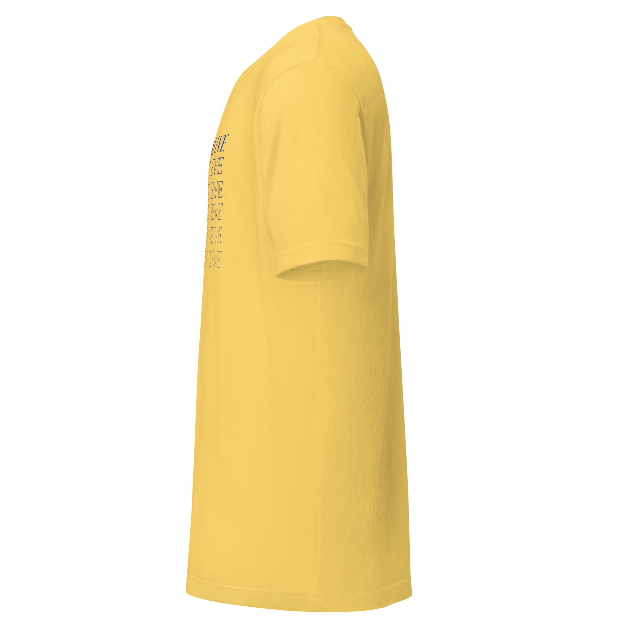 A yellow unisex T-shirt viewed from the left side, showing the front design slightly visible along with the short sleeve and side seam.