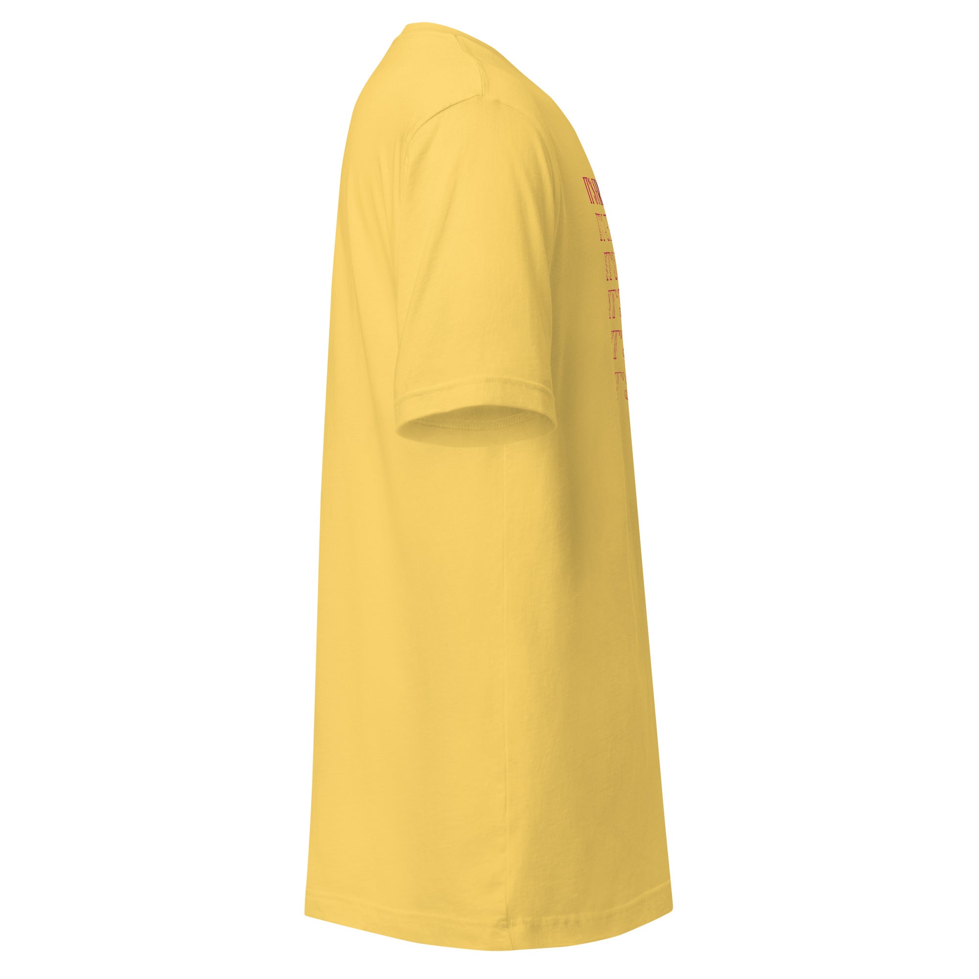 A yellow unisex T-shirt viewed from the right side, similarly displaying the front design slightly, along with the short sleeve and side seam.