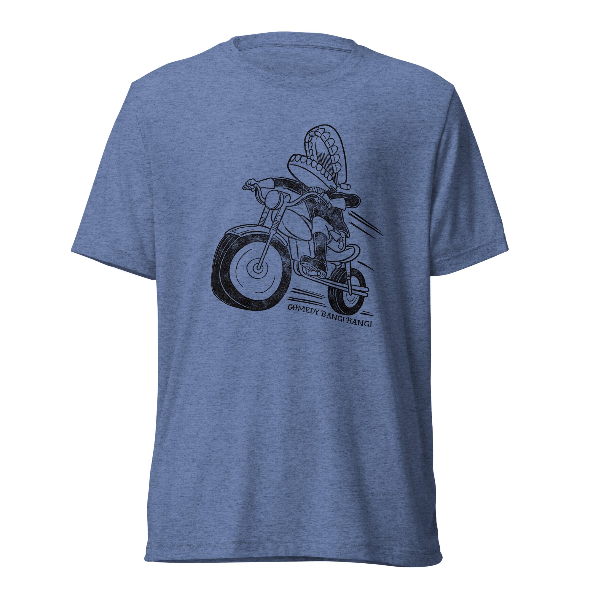 Blue graphic tee featuring a cartoon character riding a motorcycle with the text 'COMEDY BANG! BANG!' above.