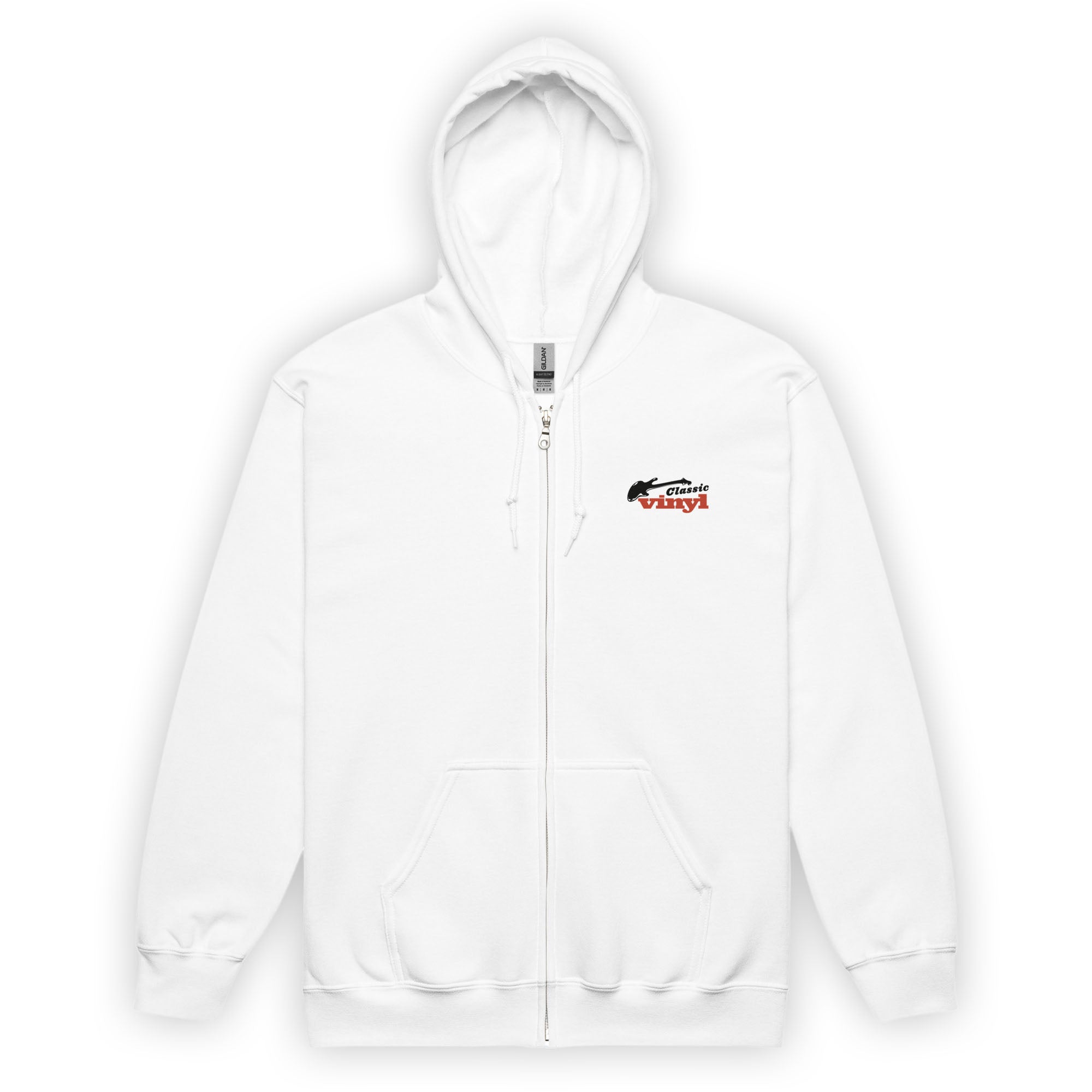 Front view of a white zip-up hoodie with the Classic Vinyl logo printed on the left chest. The logo includes a black guitar silhouette above the words 'Classic vinyl' in red and black text.