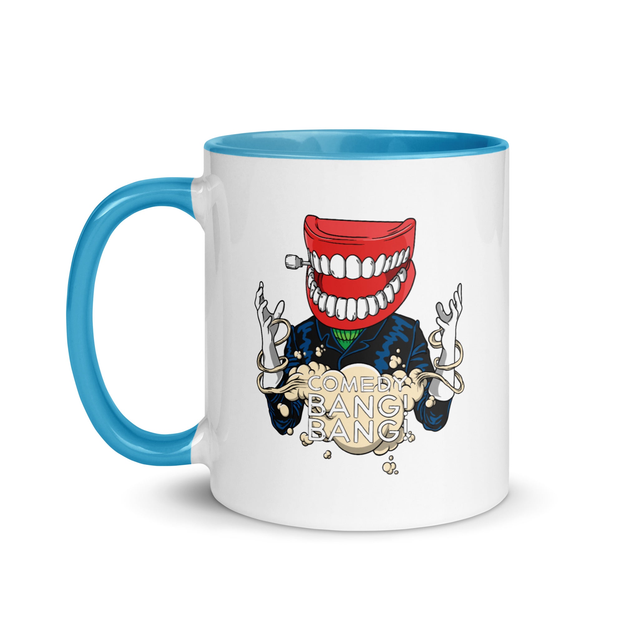 White mug with blue interior and handle, Illustrated character with a large smiling mouth instead of a head and 'COMEDY BANG! BANG!' text.