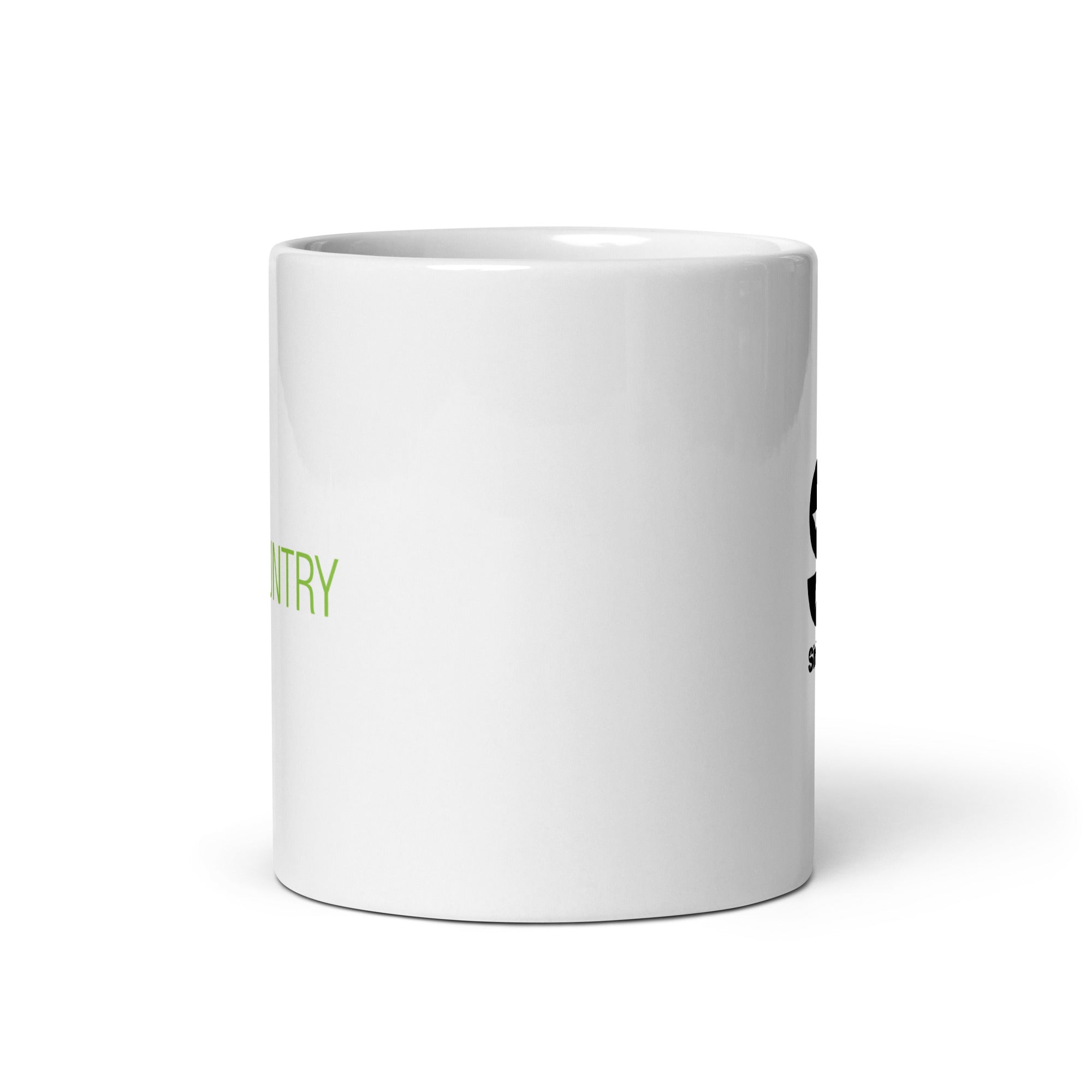 White ceramic mug featuring text and graphics, positioned slightly to showcase its design.