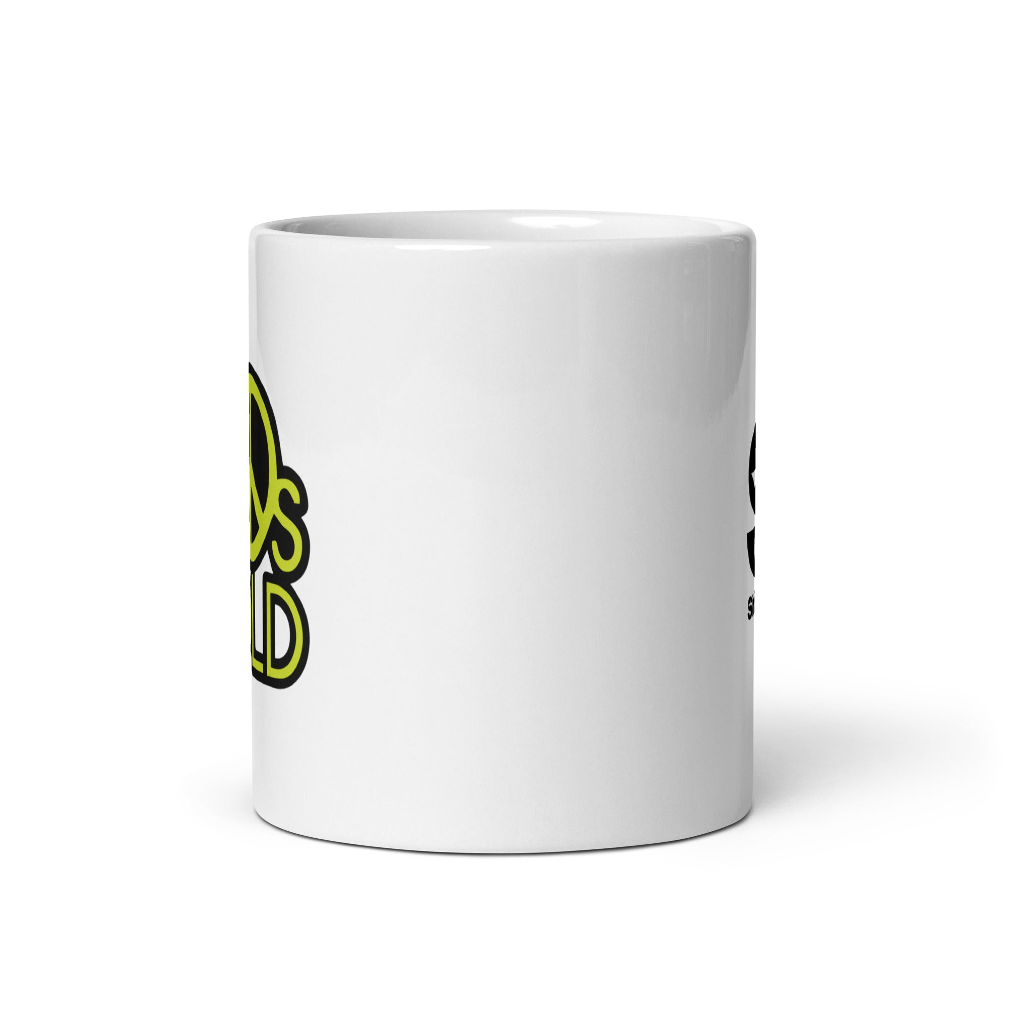 White mug. View opposite of handle.