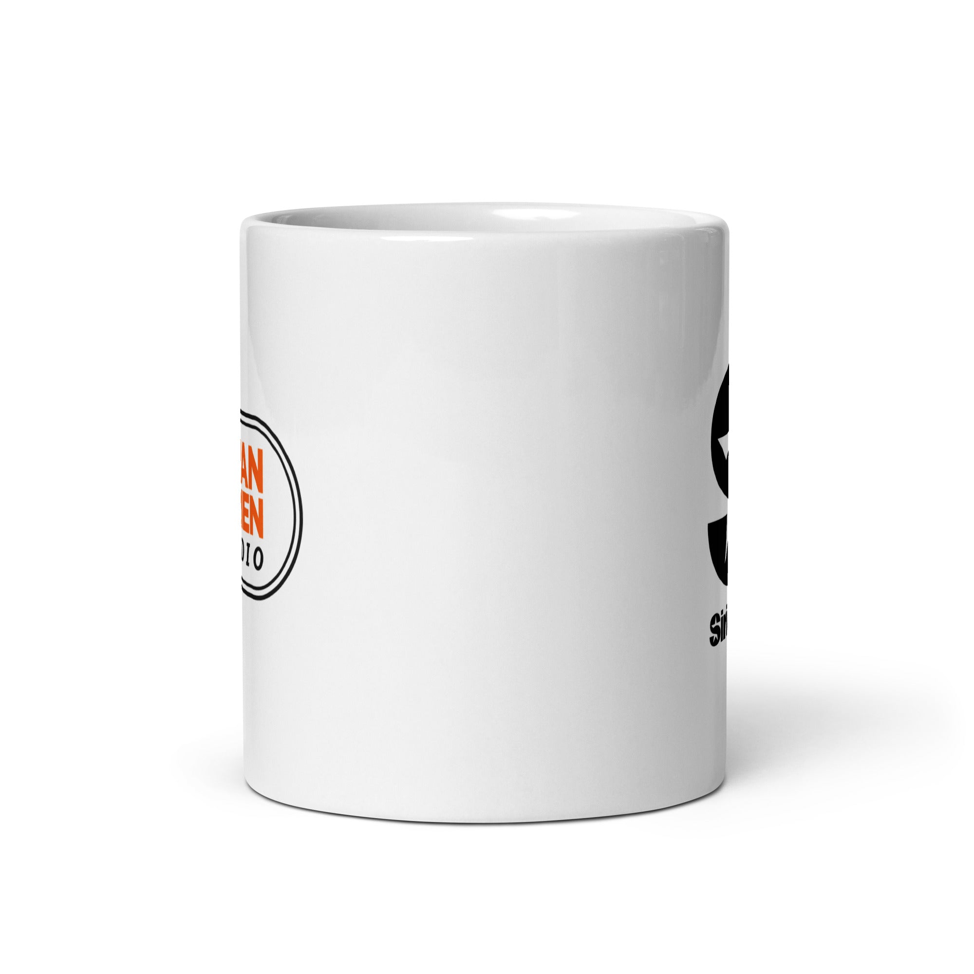 Side view of white ceramic mug, partially featuring front and back logos.