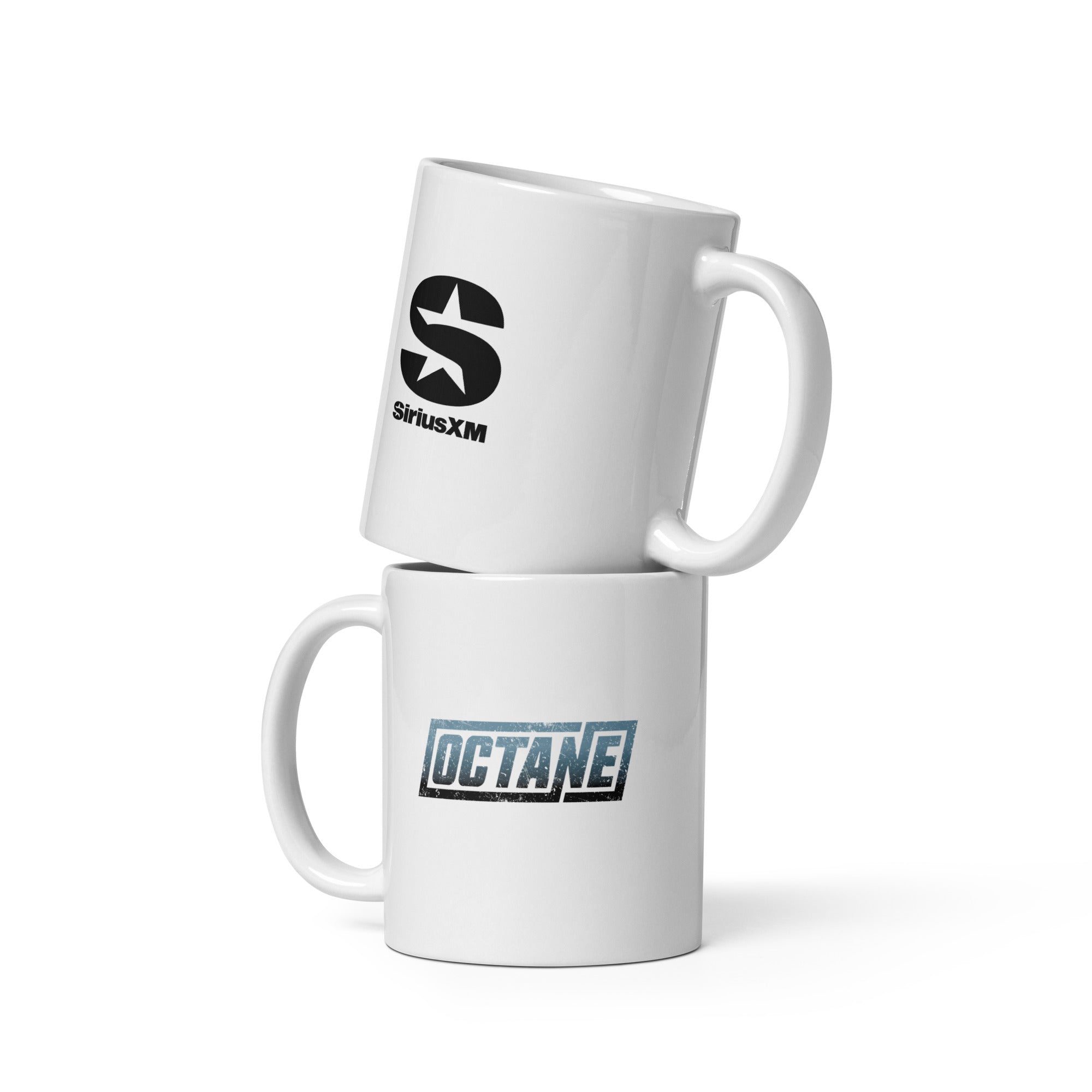 Two white mugs stacked on each other, one displaying the SiriusXM logo on one side and the other featuring the 'OCTANE' logo in a blue, distressed font on the other side.