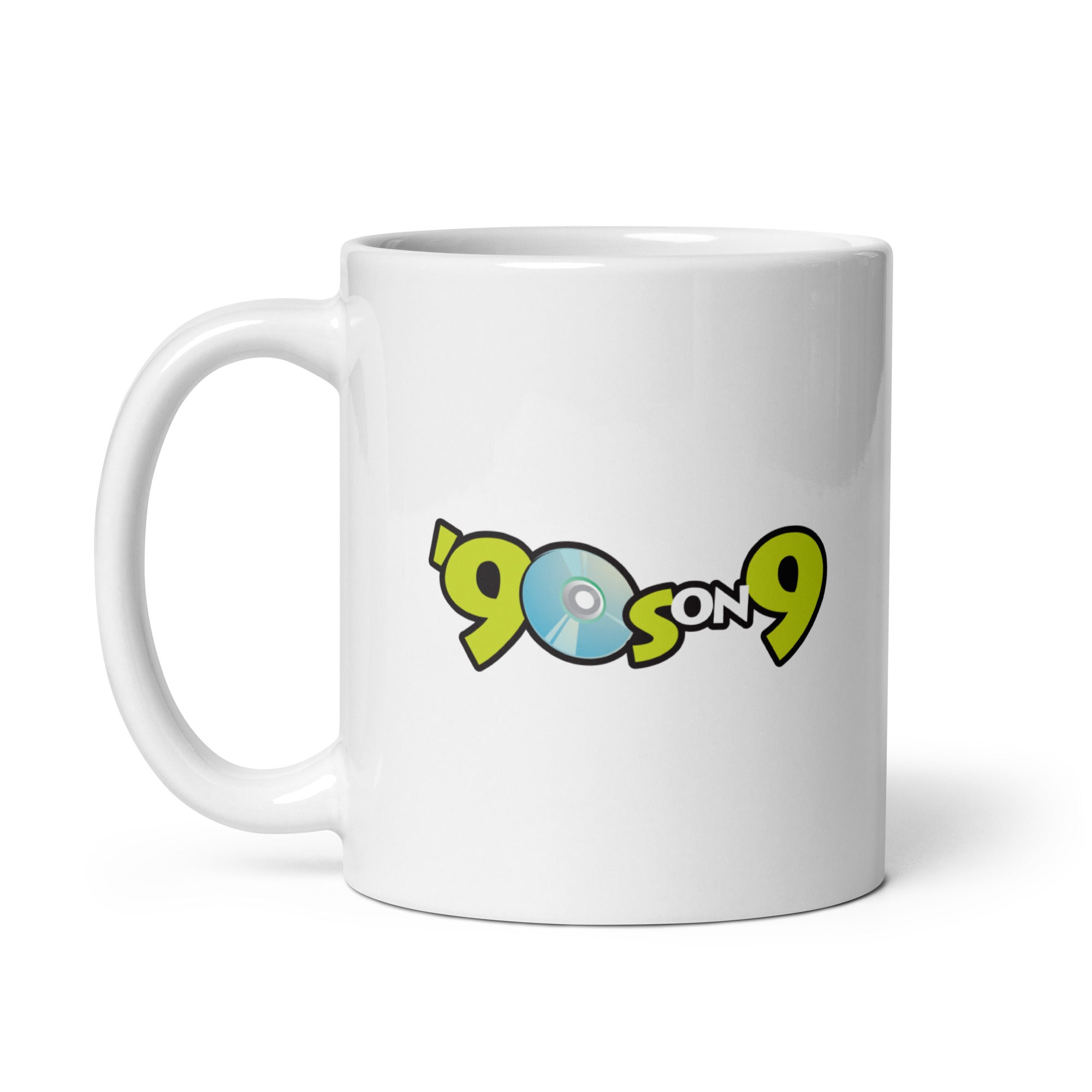 White coffee mug featuring the text ''90s on 9' in light blue and vivid green with a graphic of a CD.