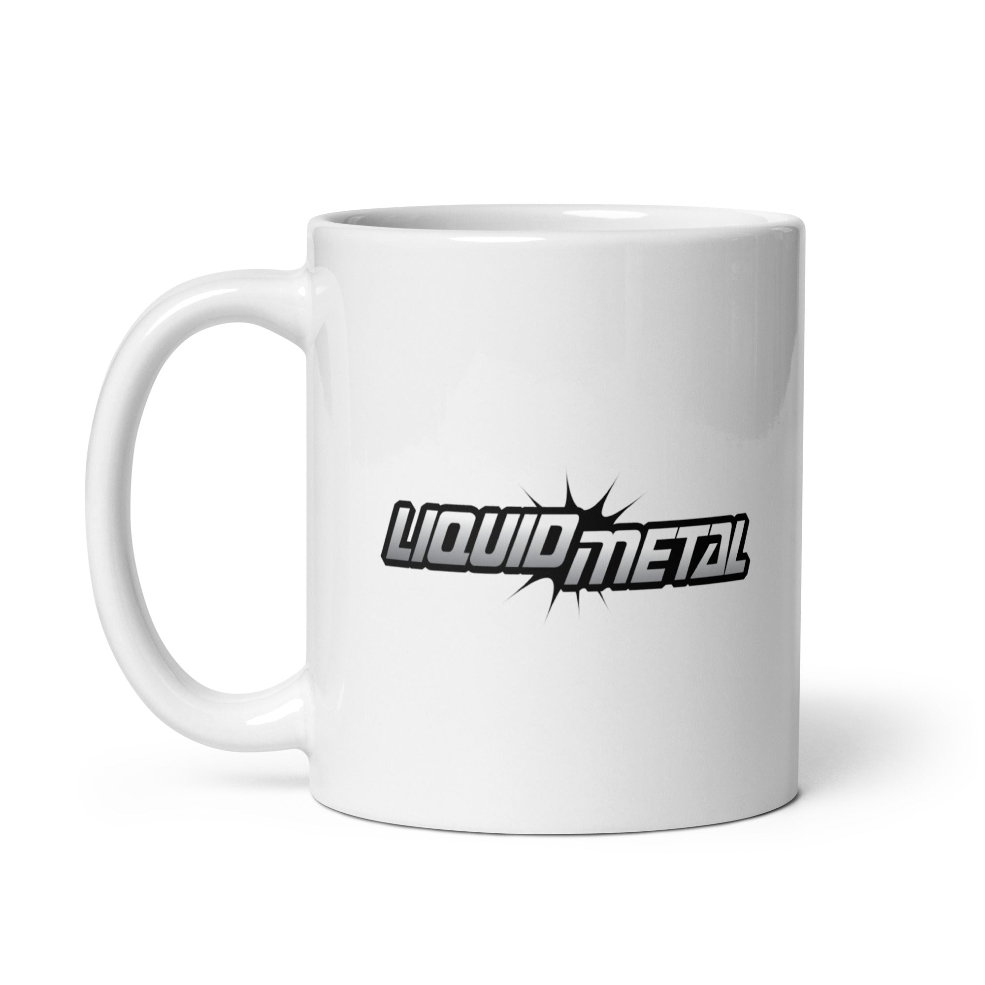White mug with 'LIQUID METAL' logo in bold black font.