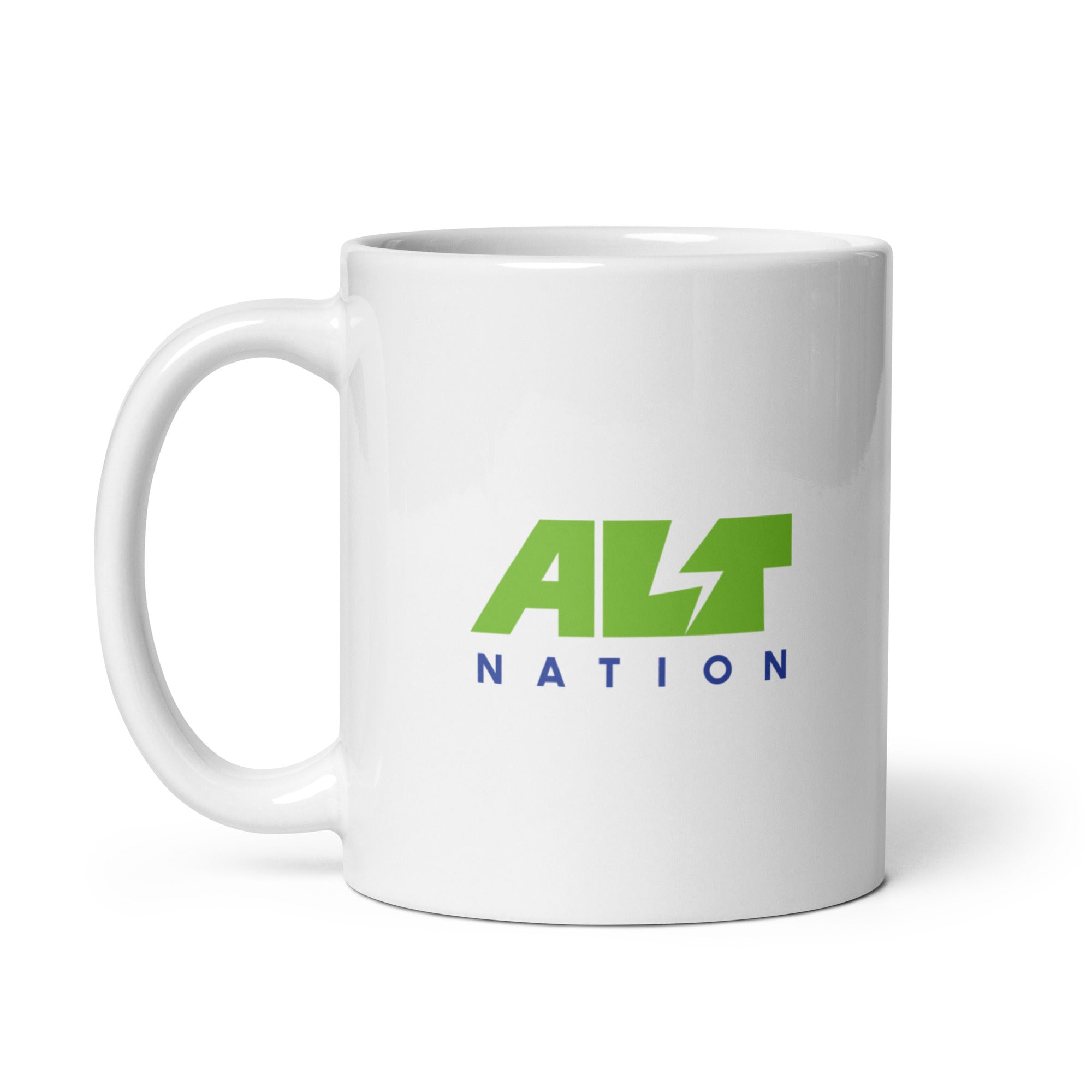 White mug featuring the logo of 'ALT NATION' in green and blue colors.