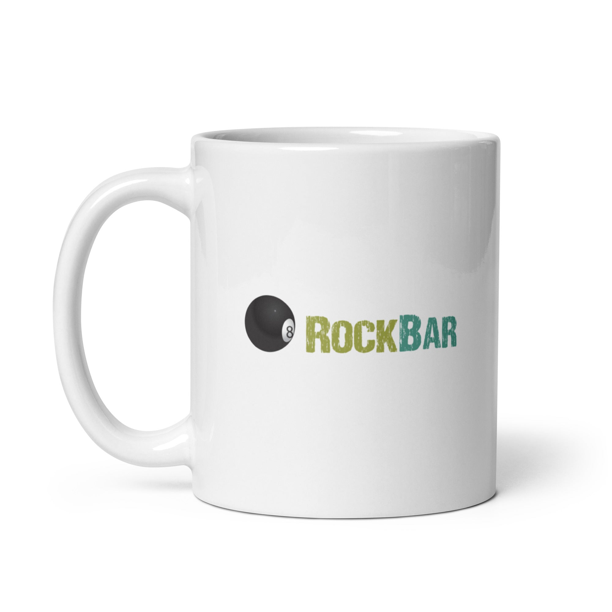 White mug with the text 'RockBar' and an eight ball graphic.