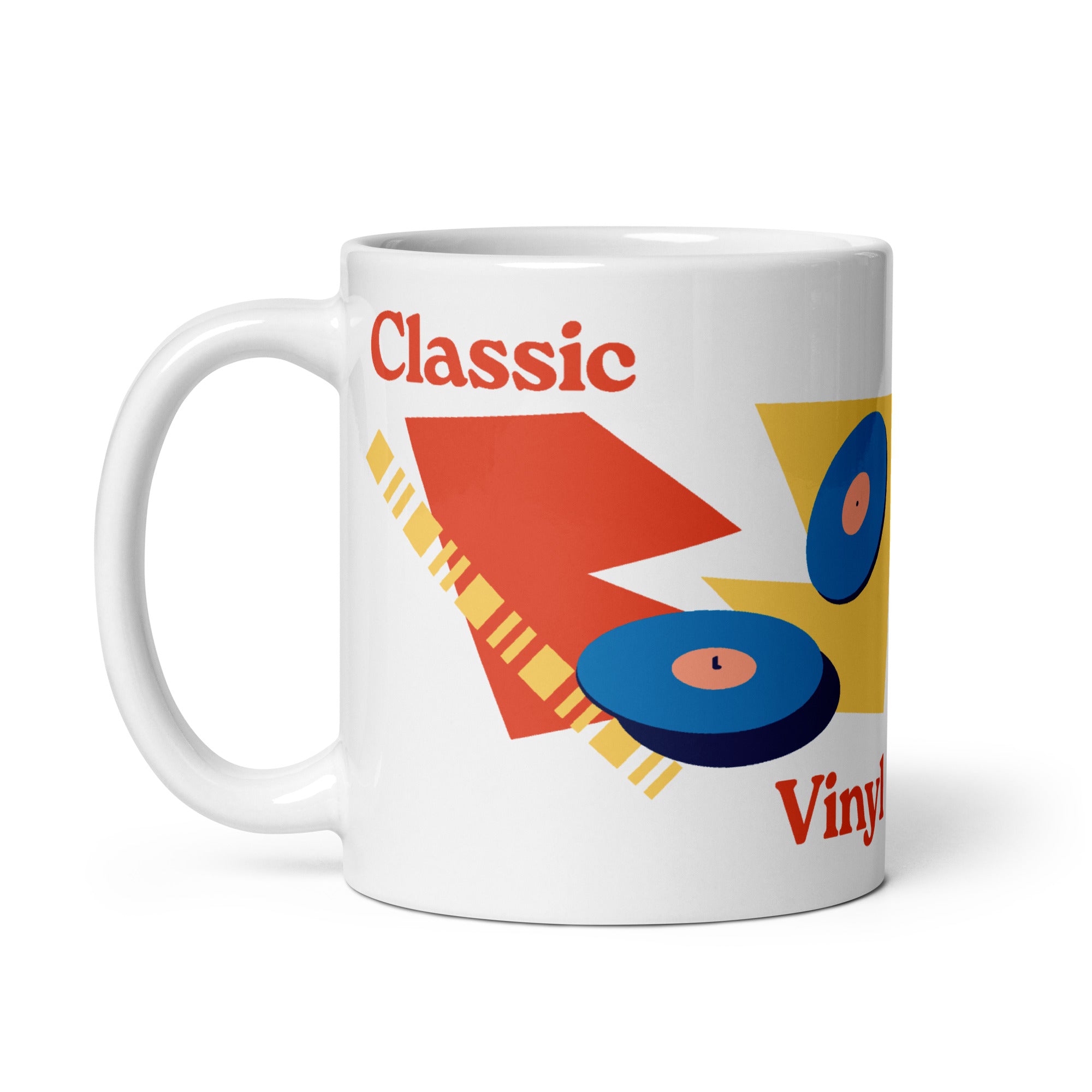 Left-side view of a white ceramic mug displaying the full 'Classic Vinyl' design, featuring red text and an abstract graphic with two blue records over red and yellow geometric shapes.