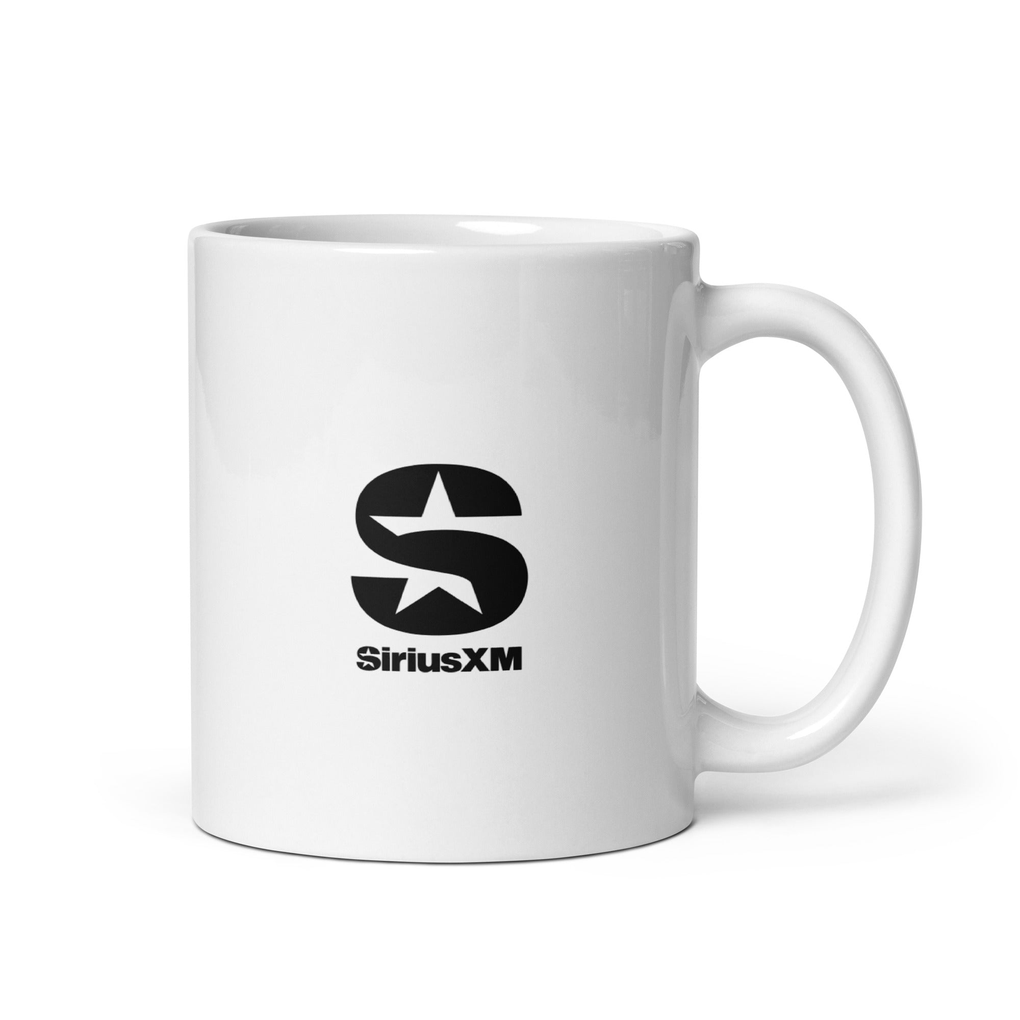 Backside of white mug featuring the 'SiriusXM' logo in black.