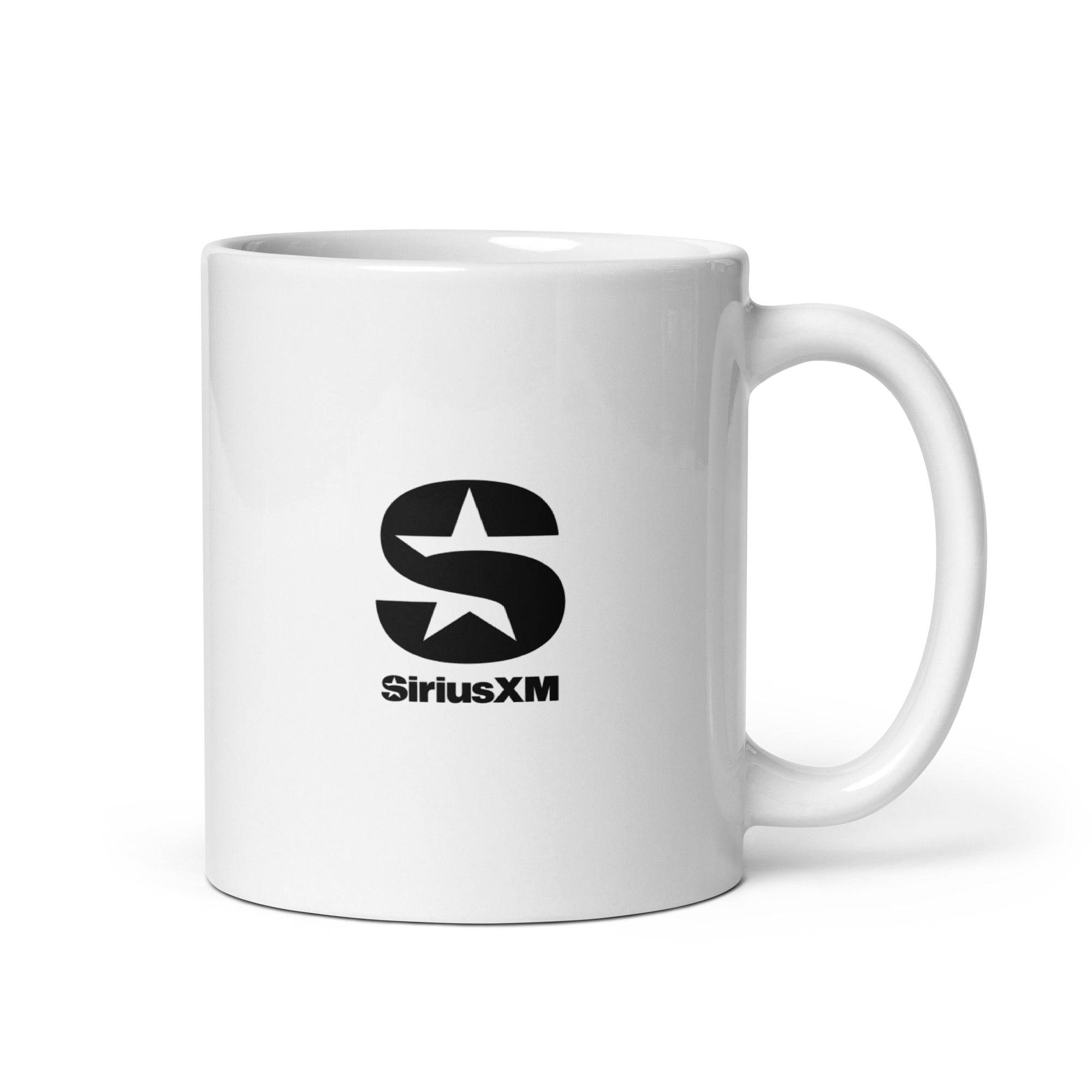 White mug featuring the 'SiriusXM' logo with a star and stylized 'S.'